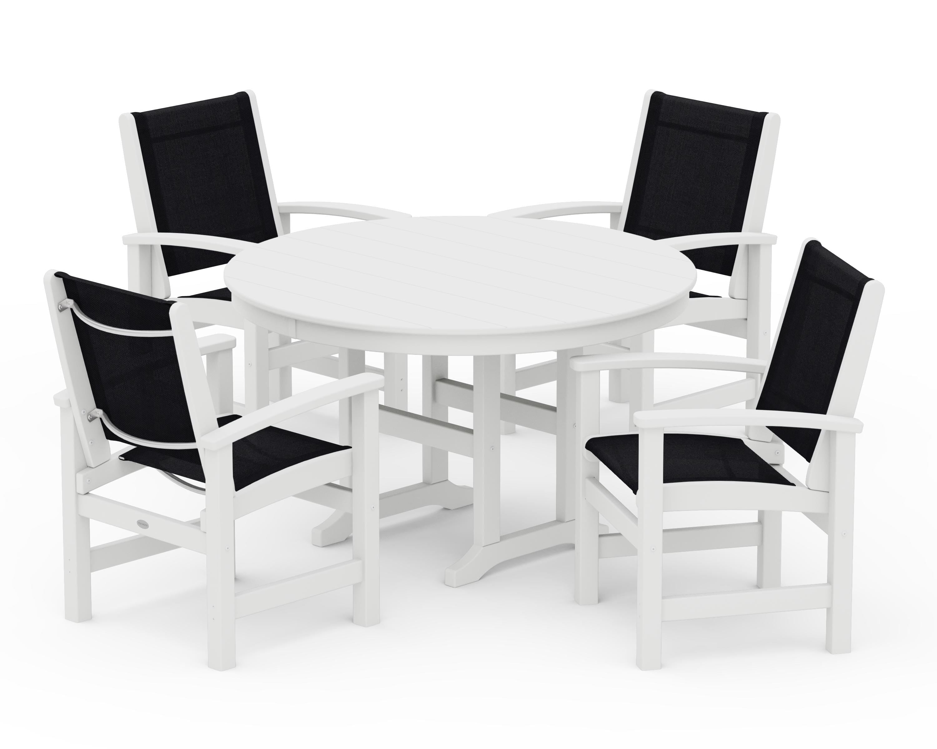 POLYWOOD Coastal 5-Piece Round Farmhouse Dining Set in White / Black Sling