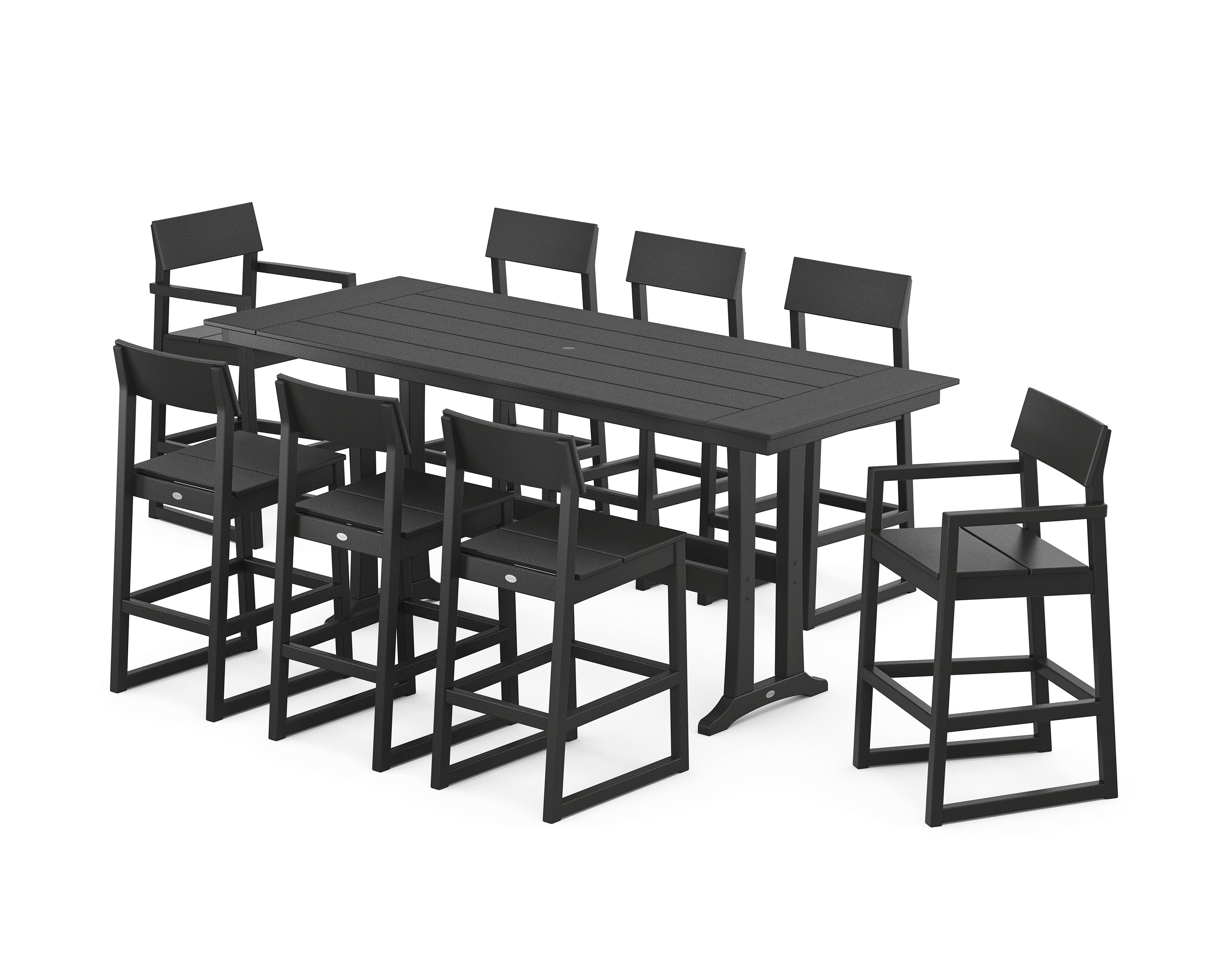 POLYWOOD EDGE 9-Piece Farmhouse Bar Set with Trestle Legs in Black