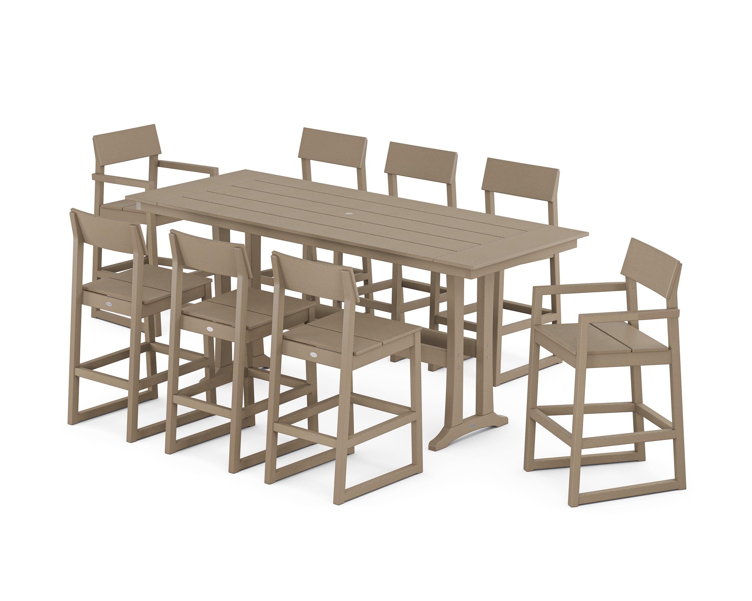 POLYWOOD EDGE 9-Piece Farmhouse Bar Set with Trestle Legs in Vintage Sahara