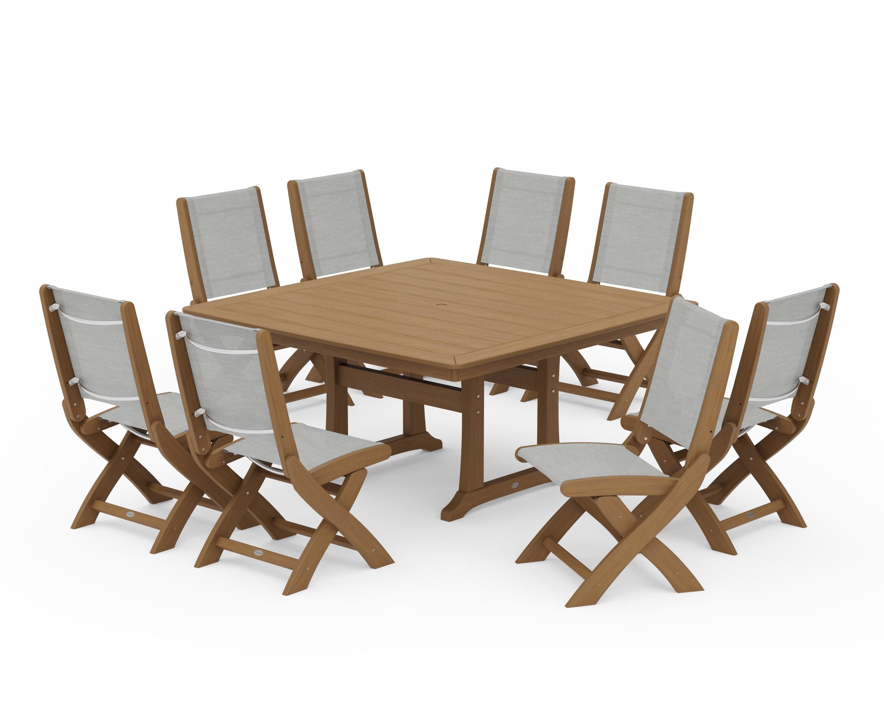 POLYWOOD Coastal Folding Side Chair 9-Piece Dining Set with Trestle Legs in Natural / Metallic Sling