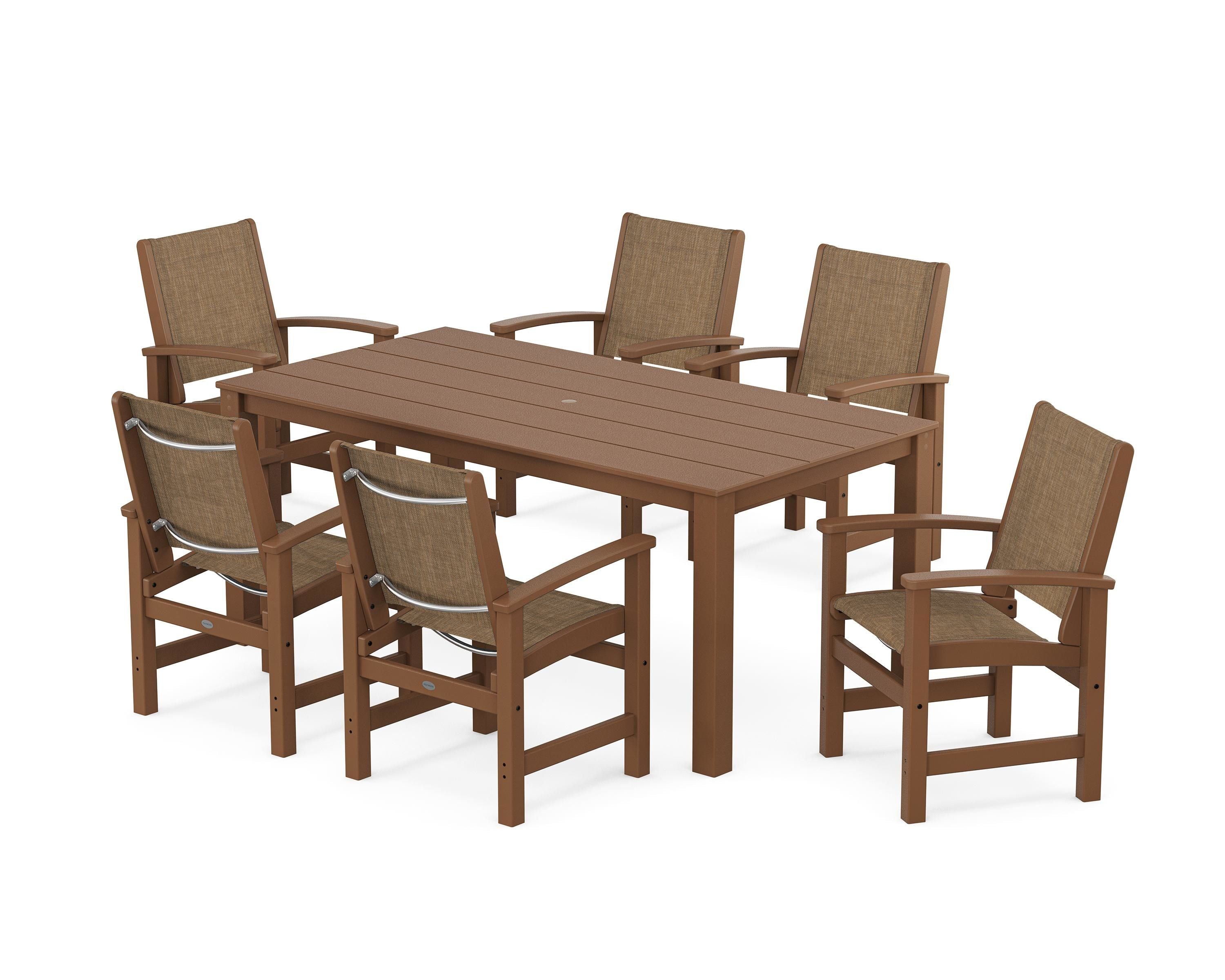 POLYWOOD Coastal 7-Piece Parsons Dining Set in Teak / Burlap Sling