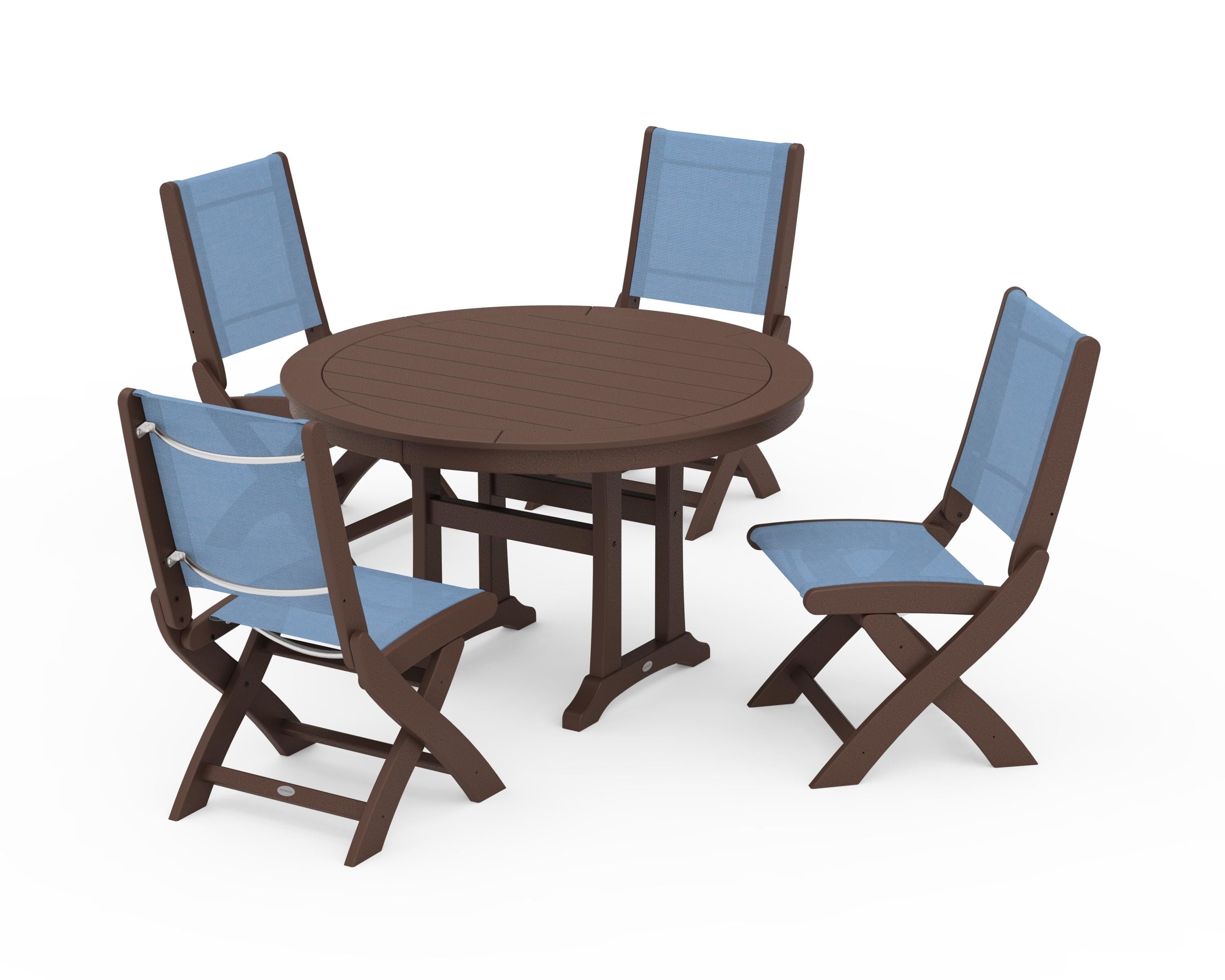 POLYWOOD Coastal Folding Side Chair 5-Piece Round Dining Set With Trestle Legs in Mahogany / Poolside Sling
