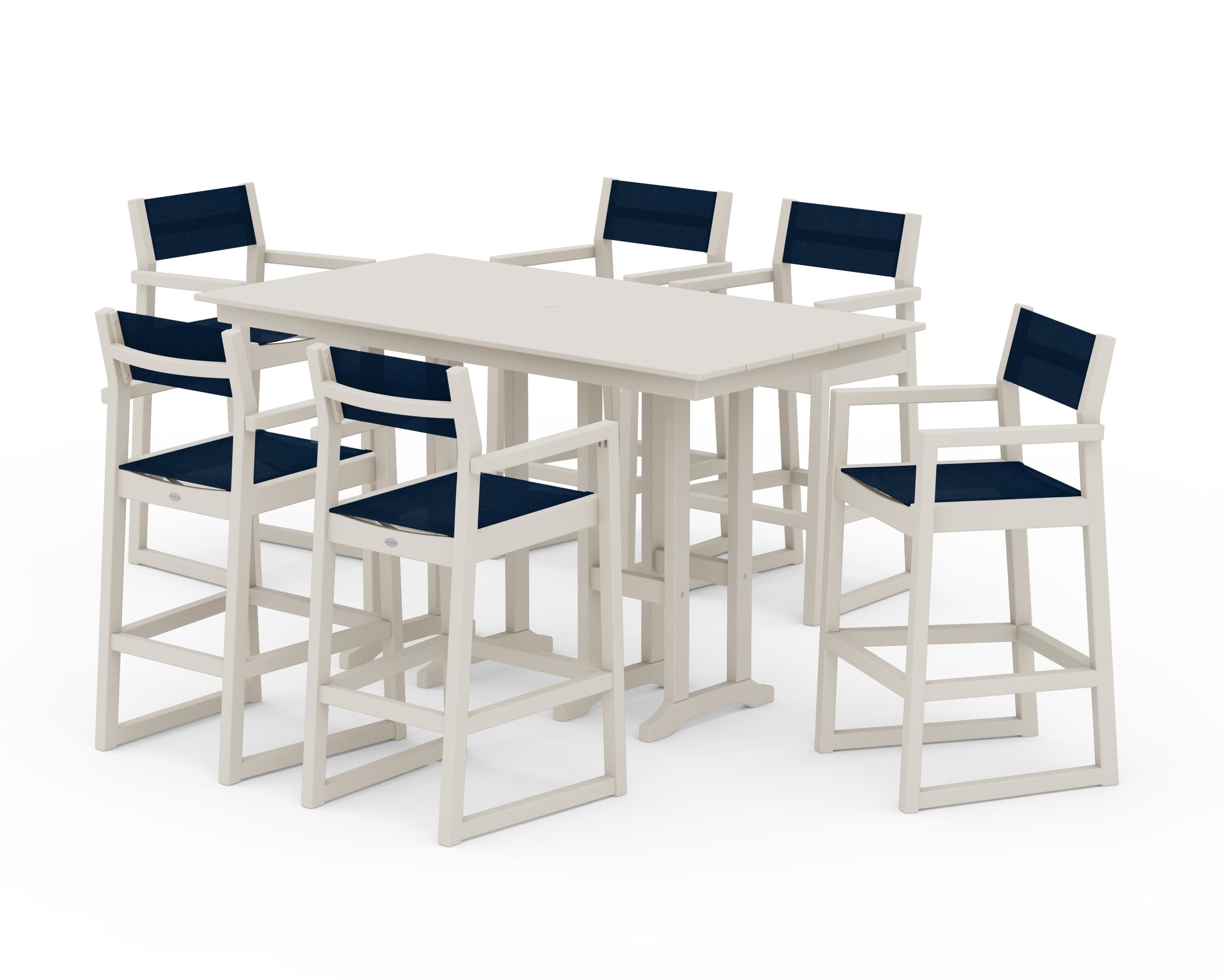 POLYWOOD EDGE Sling Arm Chair 7-Piece Farmhouse Bar Set in Sand / Navy Blue Sling