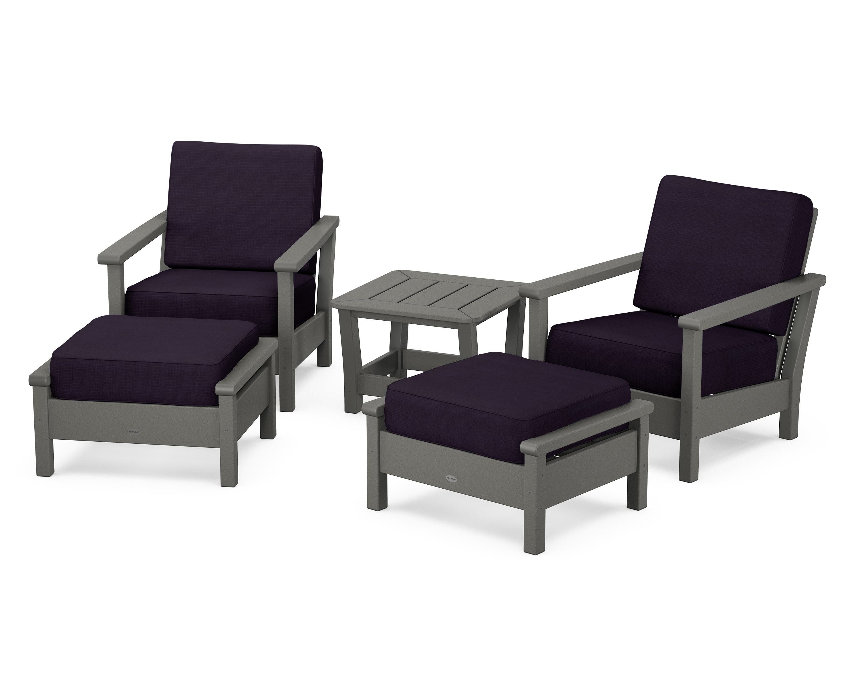 POLYWOOD Harbour 5-Piece Deep Seating Chair Set in Slate Grey / Navy Linen