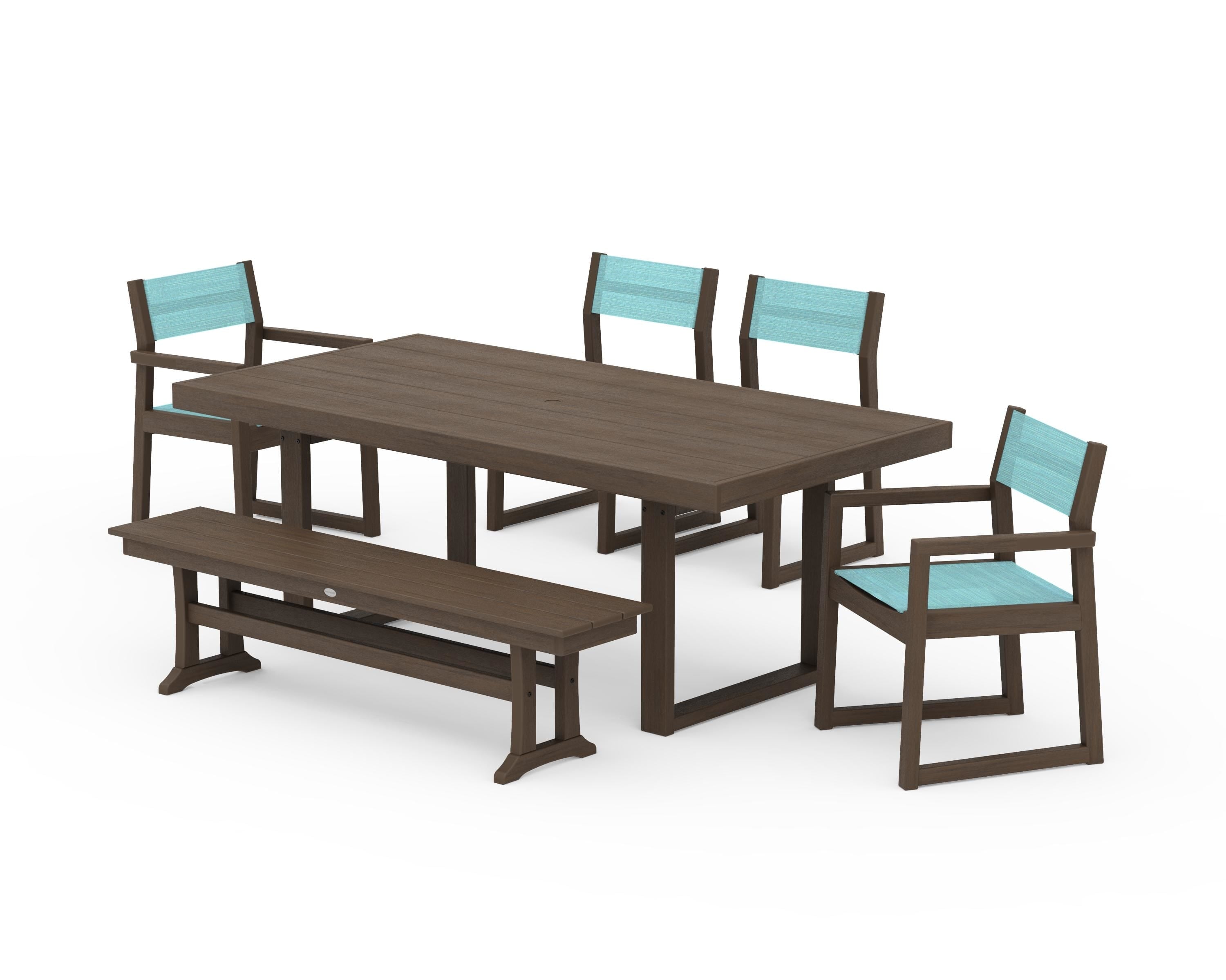 POLYWOOD EDGE Sling 6-Piece Dining Set with Bench in Kona / Dupioni Aquamarine Sling