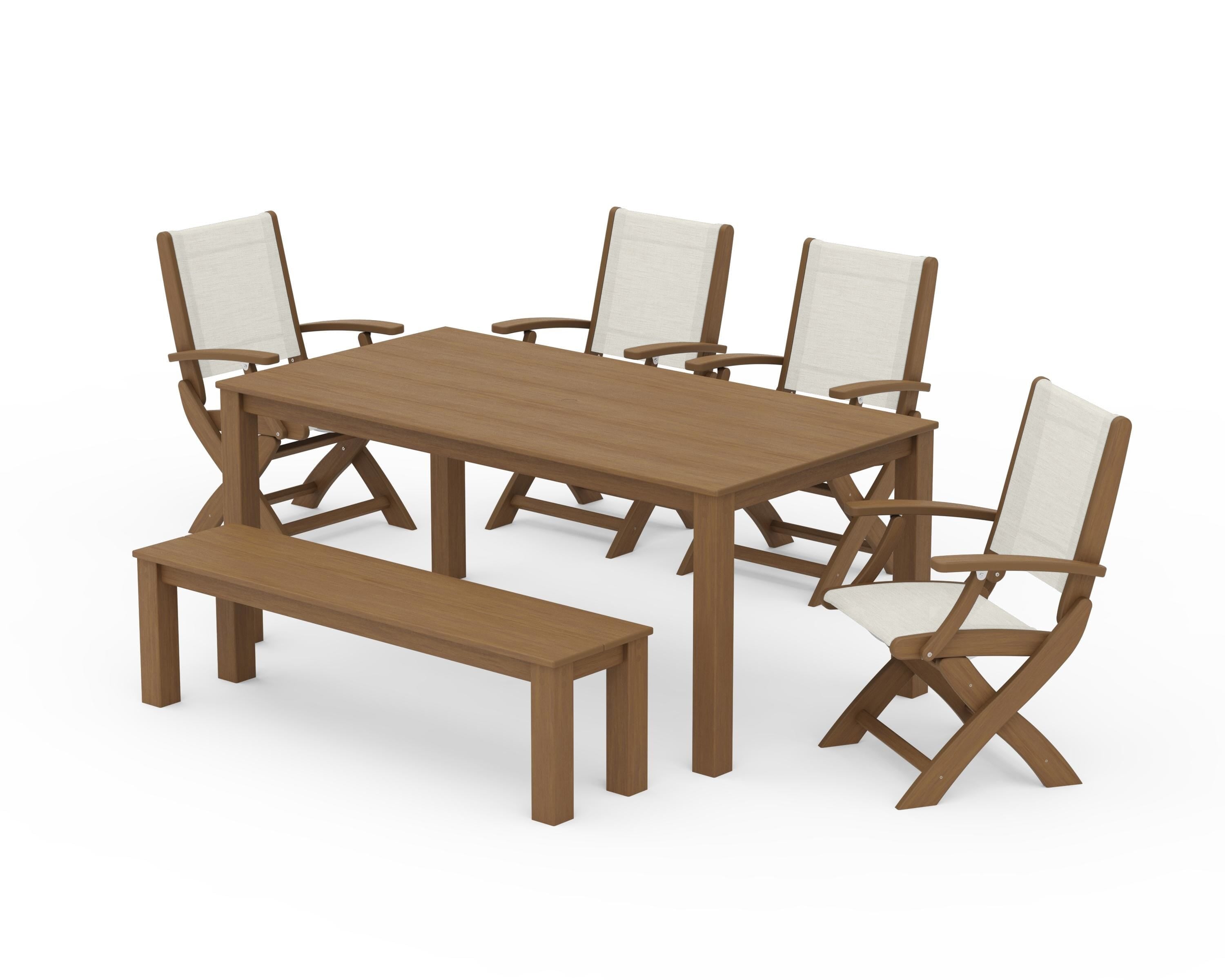POLYWOOD Coastal Folding Chair 6-Piece Parsons Dining Set with Bench in Natural / Parchment Sling