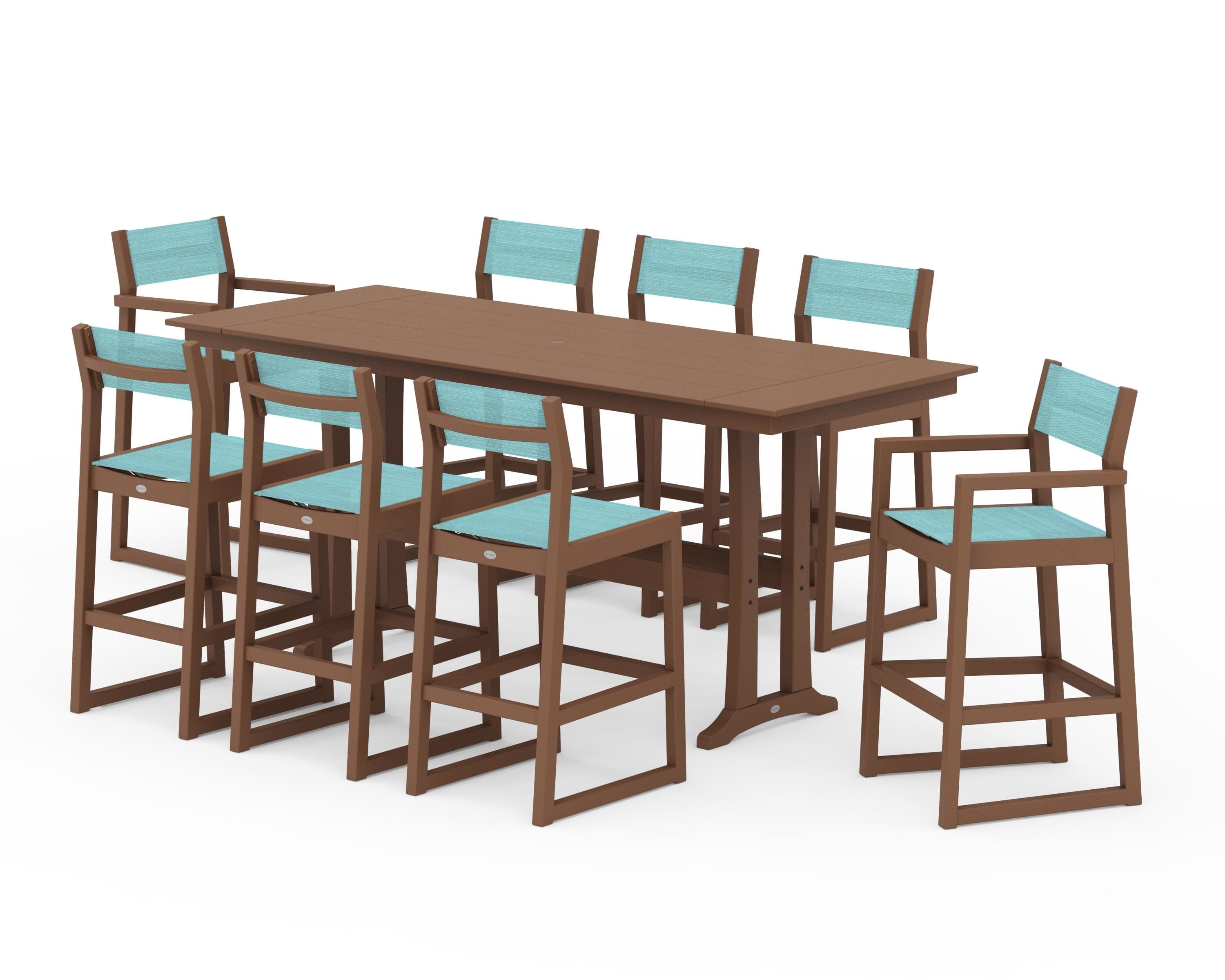 POLYWOOD EDGE Sling 9-Piece Farmhouse Bar Set with Trestle Legs in Teak / Dupioni Aquamarine Sling