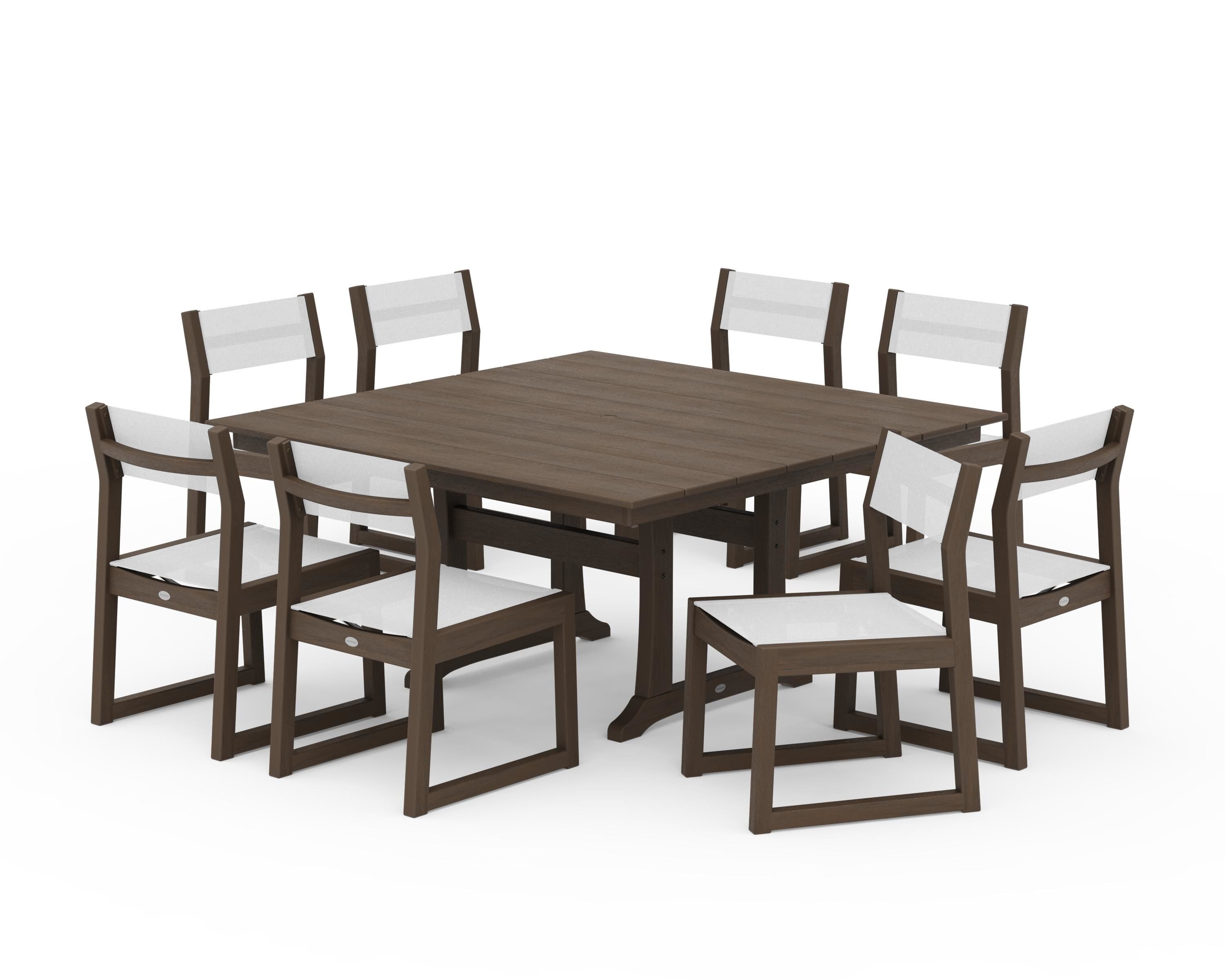 POLYWOOD EDGE Sling Side Chair 9-Piece Farmhouse Trestle Dining Set in Kona / White Sling