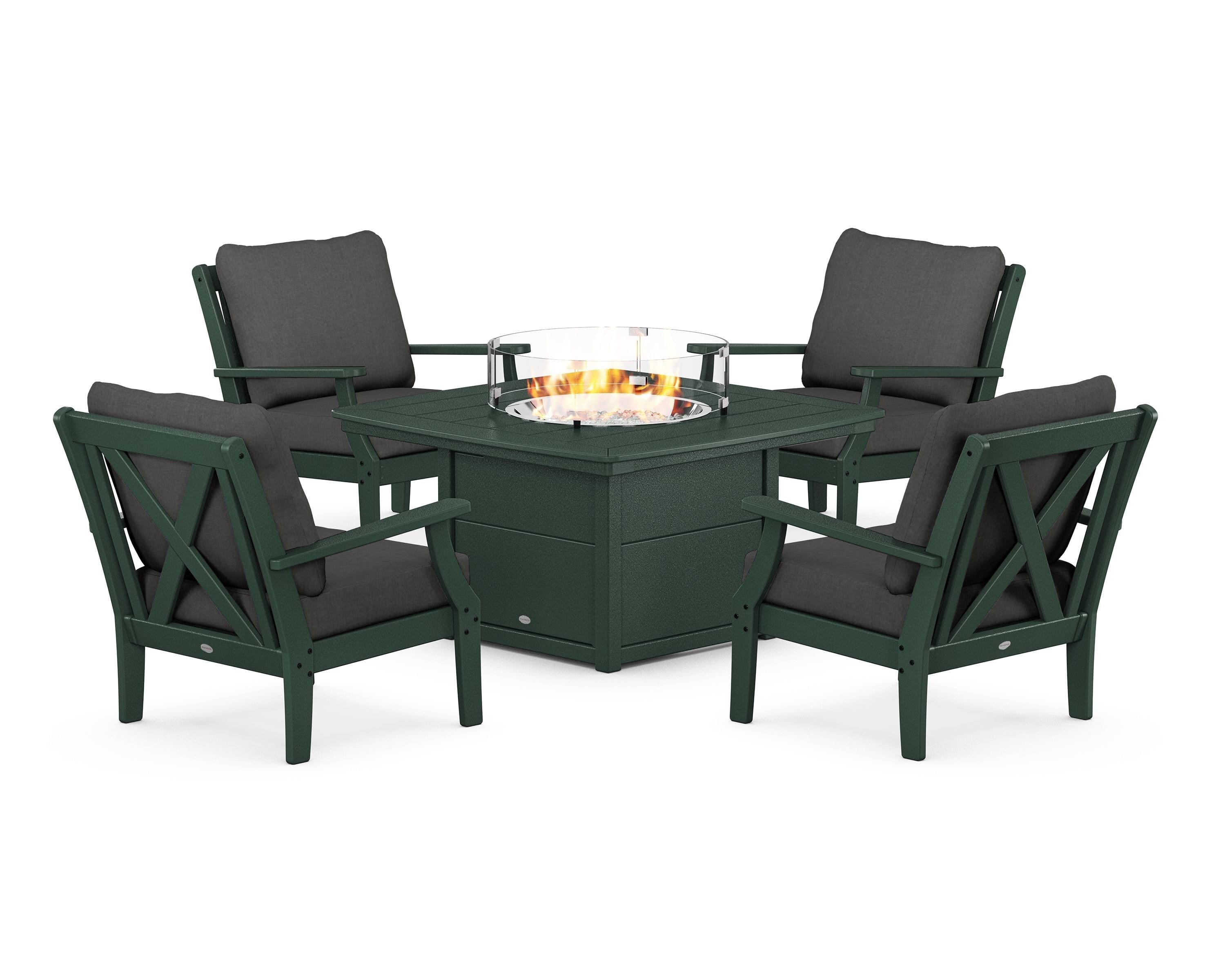 POLYWOOD Braxton 5-Piece Deep Seating Conversation Set with Fire Pit Table in Green / Spectrum Carbon
