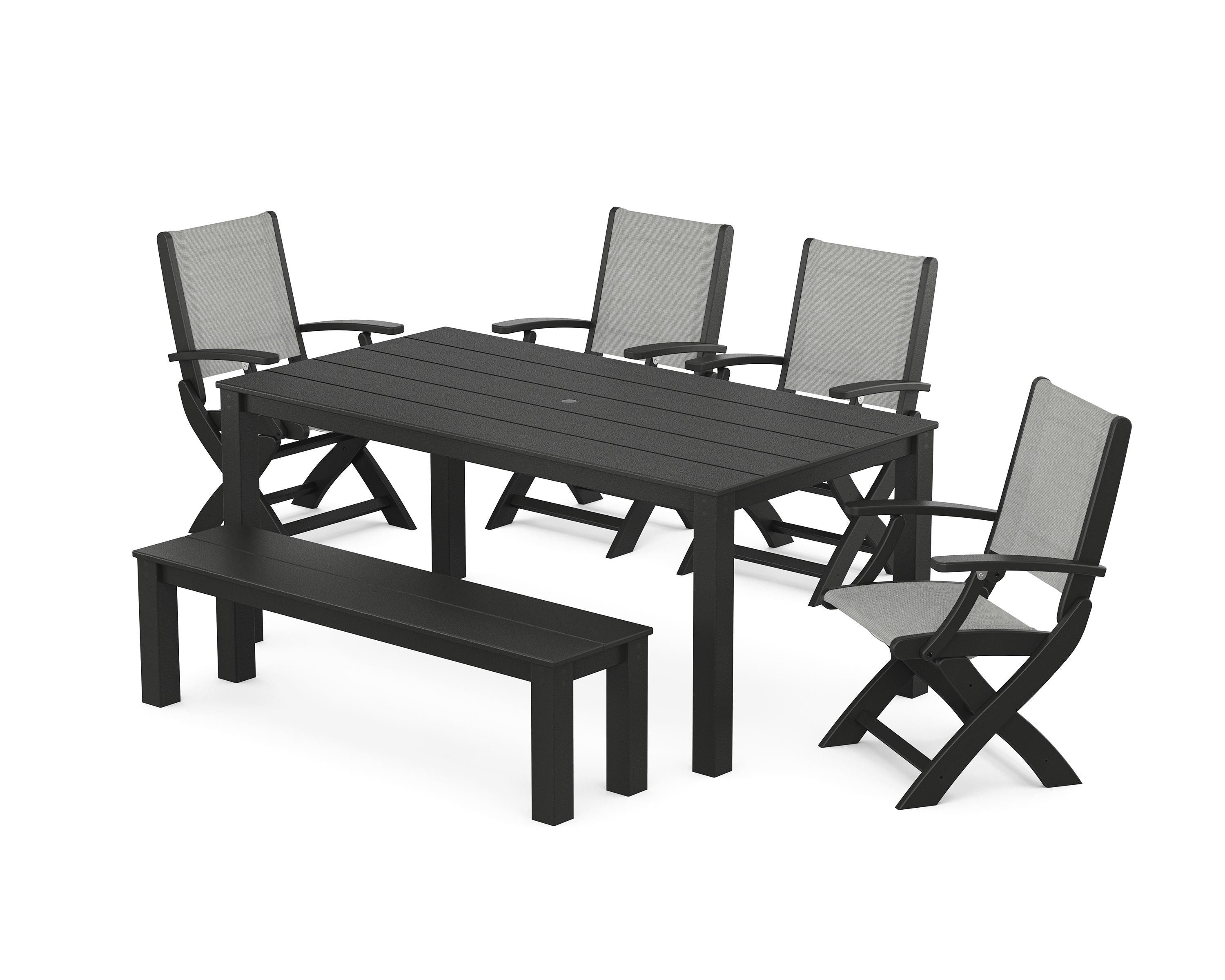 POLYWOOD Coastal Folding Chair 6-Piece Parsons Dining Set with Bench in Black / Metallic Sling