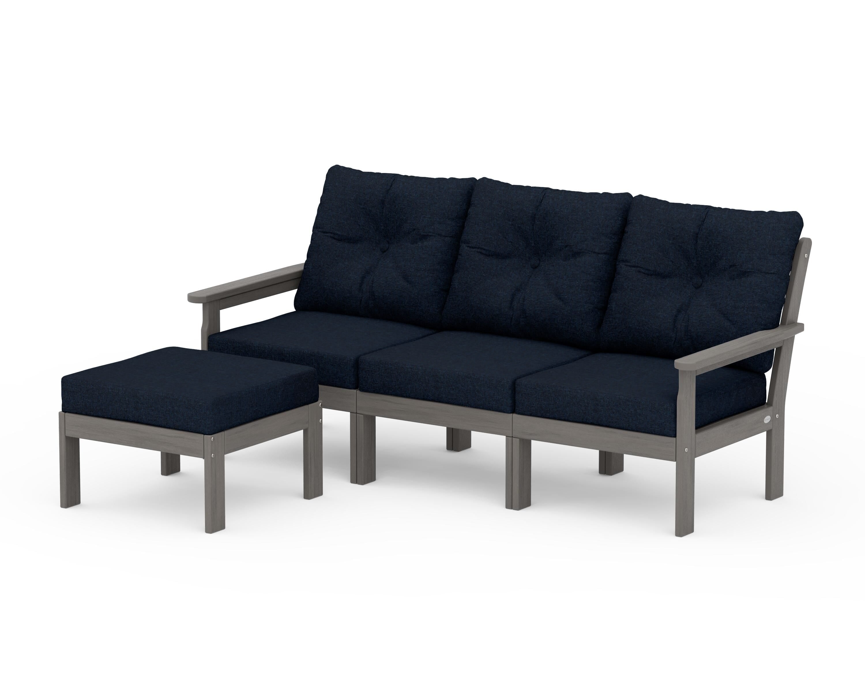 POLYWOOD Vineyard 4-Piece Sectional with Ottoman in Driftwood / Marine Indigo