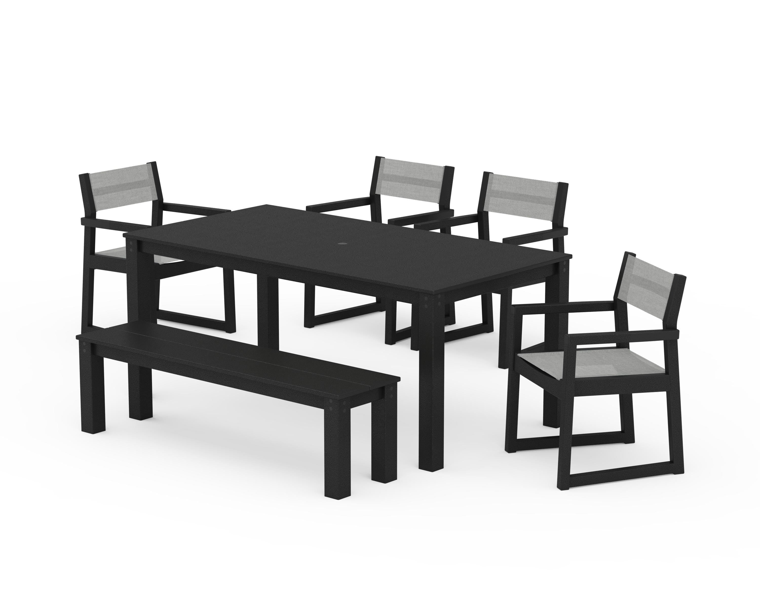 POLYWOOD EDGE Sling Arm Chair 6-Piece Parsons Dining Set with Bench in Black / Metallic Sling