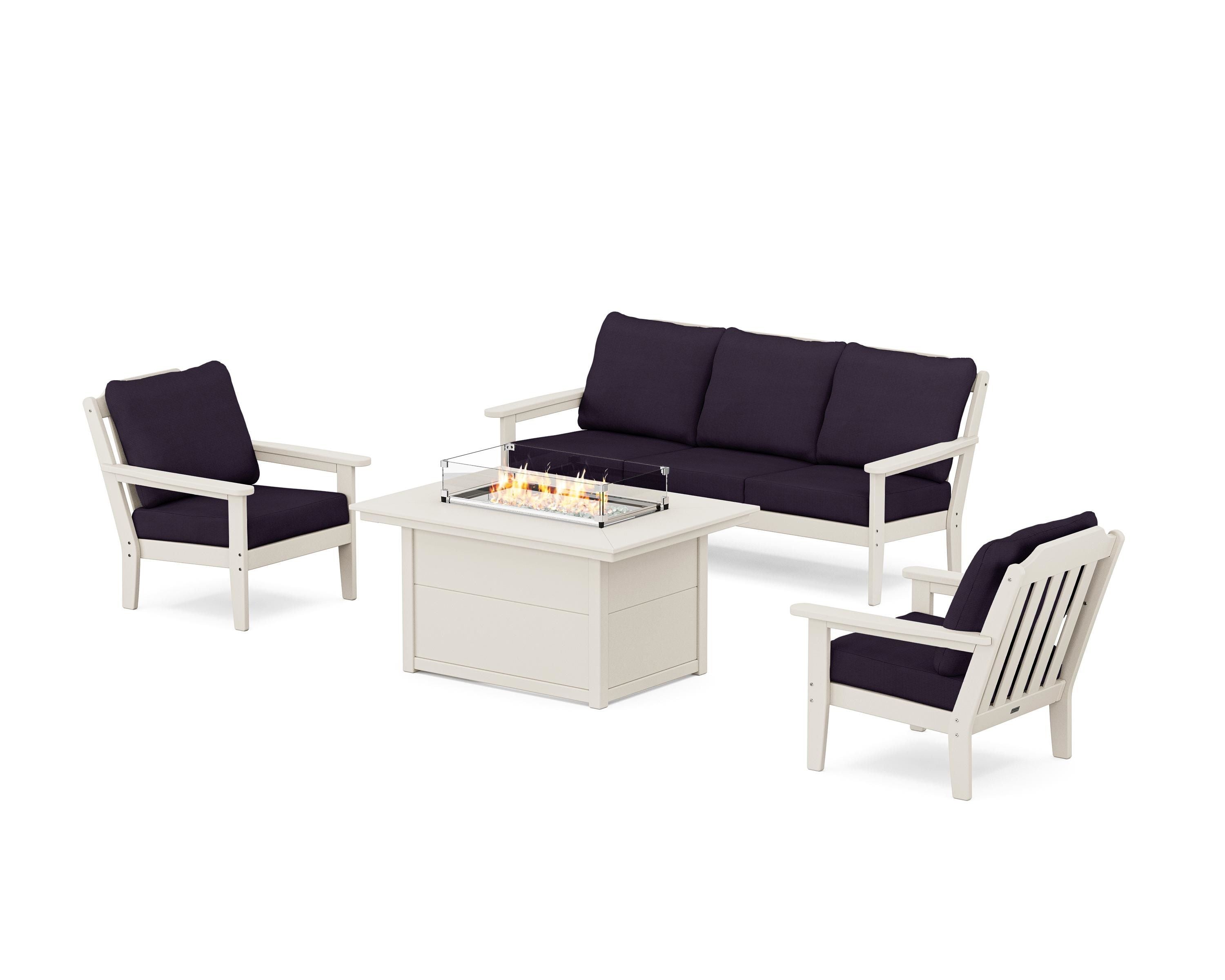 Country Living Cottage Deep Seating Fire Pit Table Set in Sand / Navy Linen