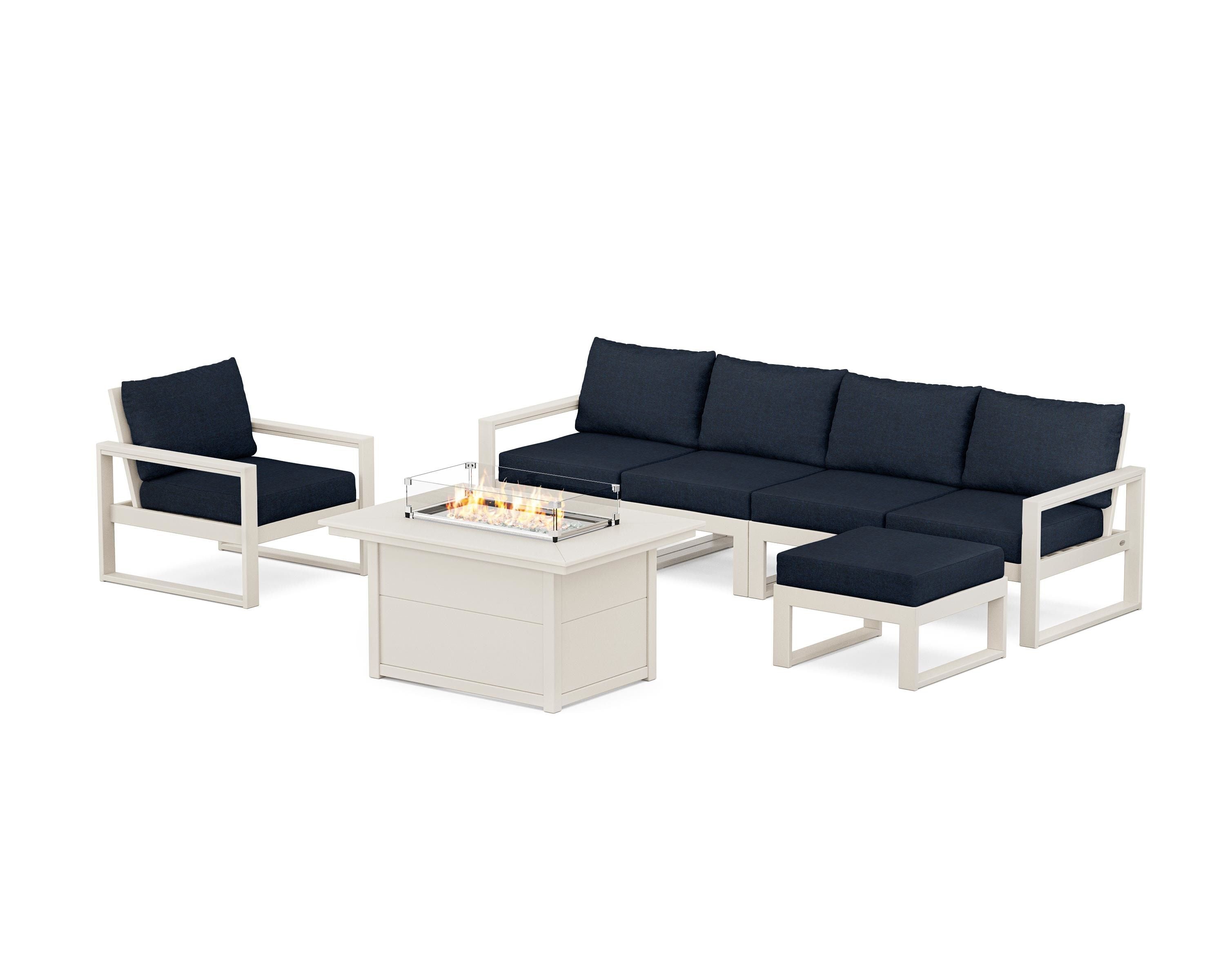 POLYWOOD EDGE Sectional Lounge and Fire Pit Set in Sand / Marine Indigo