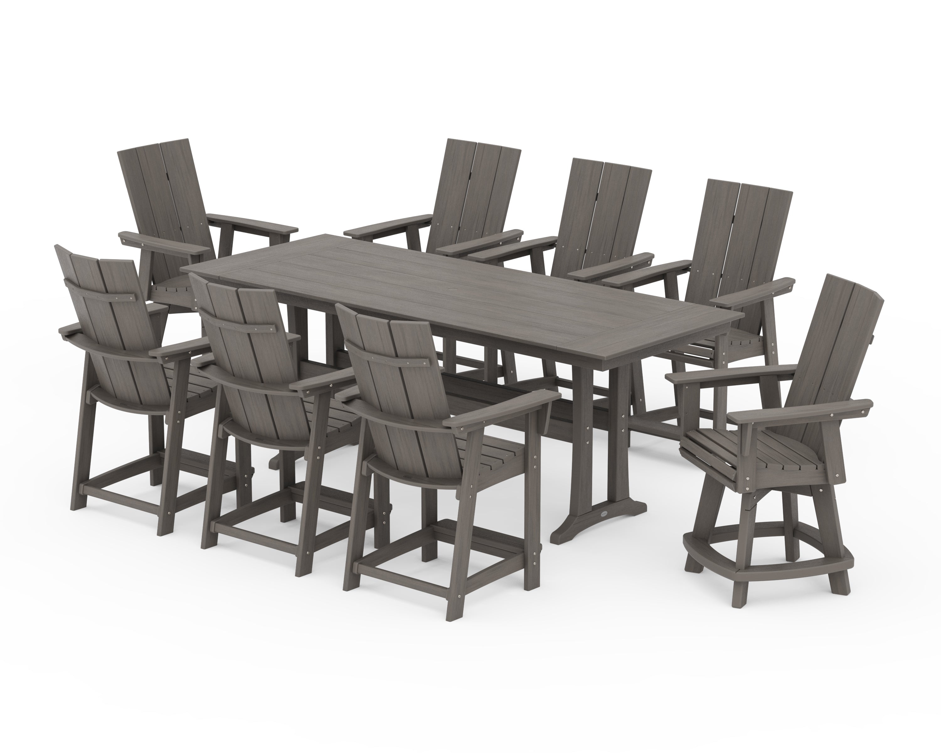 POLYWOOD Modern Curveback Adirondack Swivel 9-Piece Farmhouse Counter Set with Trestle Legs in Driftwood