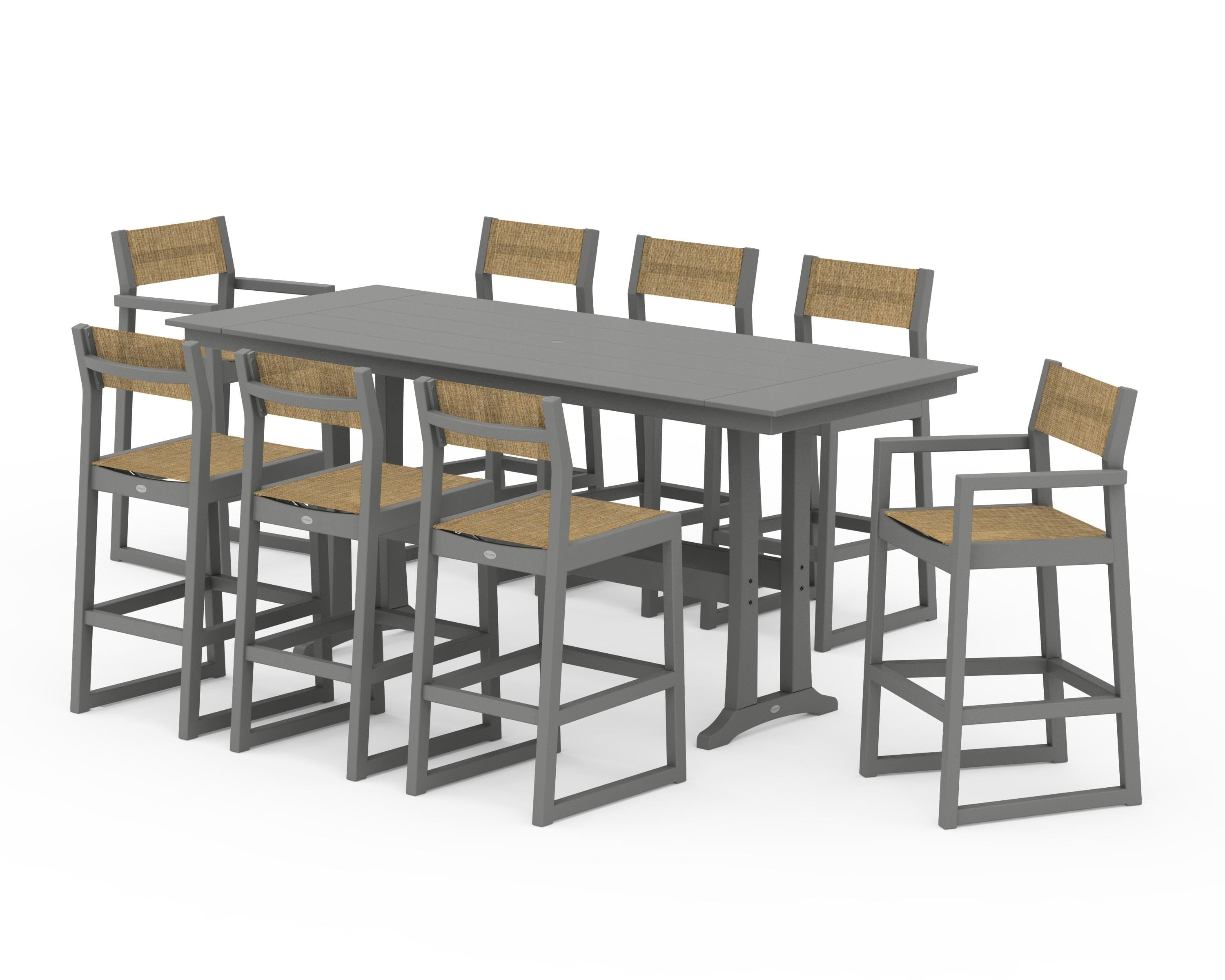 POLYWOOD EDGE Sling 9-Piece Farmhouse Bar Set with Trestle Legs in Slate Grey / Burlap Sling