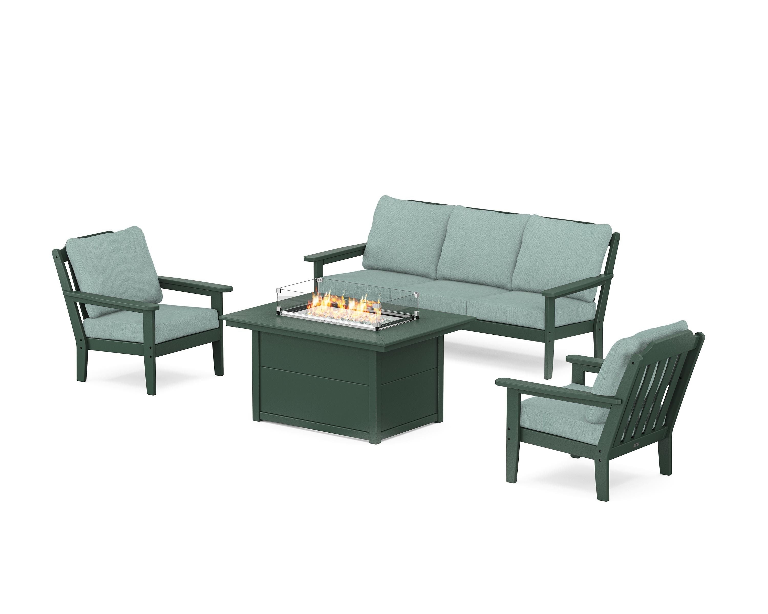 Country Living Cottage Deep Seating Fire Pit Table Set in Green / Glacier Spa
