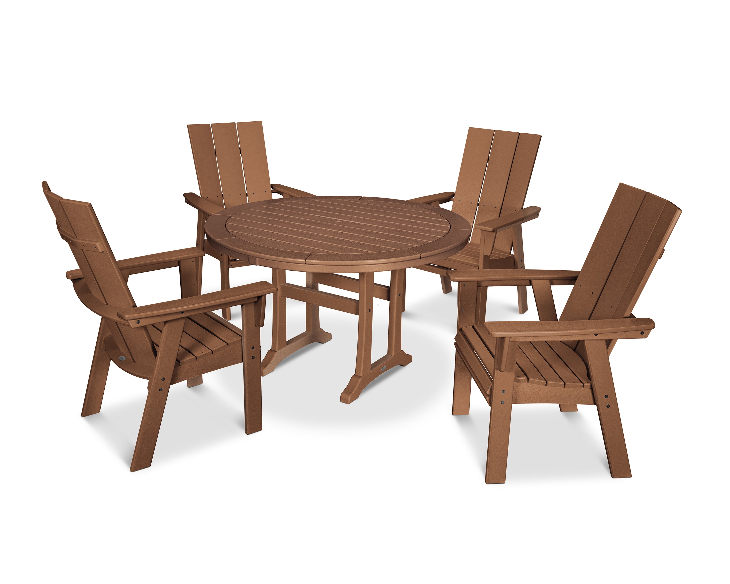 POLYWOOD® Modern Curveback Adirondack 5-Piece Nautical Trestle Dining Set in Teak