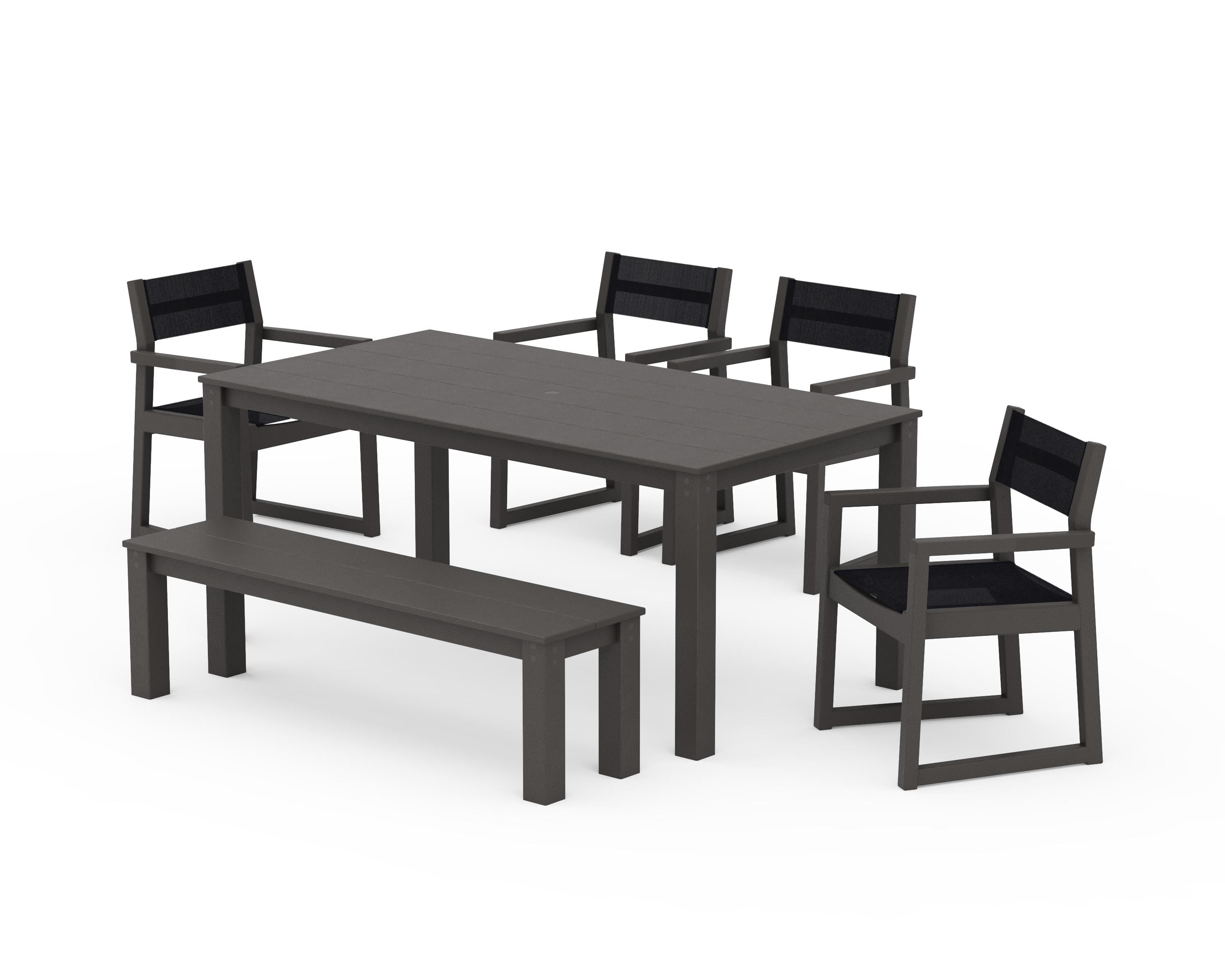 POLYWOOD EDGE Sling Arm Chair 6-Piece Parsons Dining Set with Bench in Vintage Coffee / Black Sling