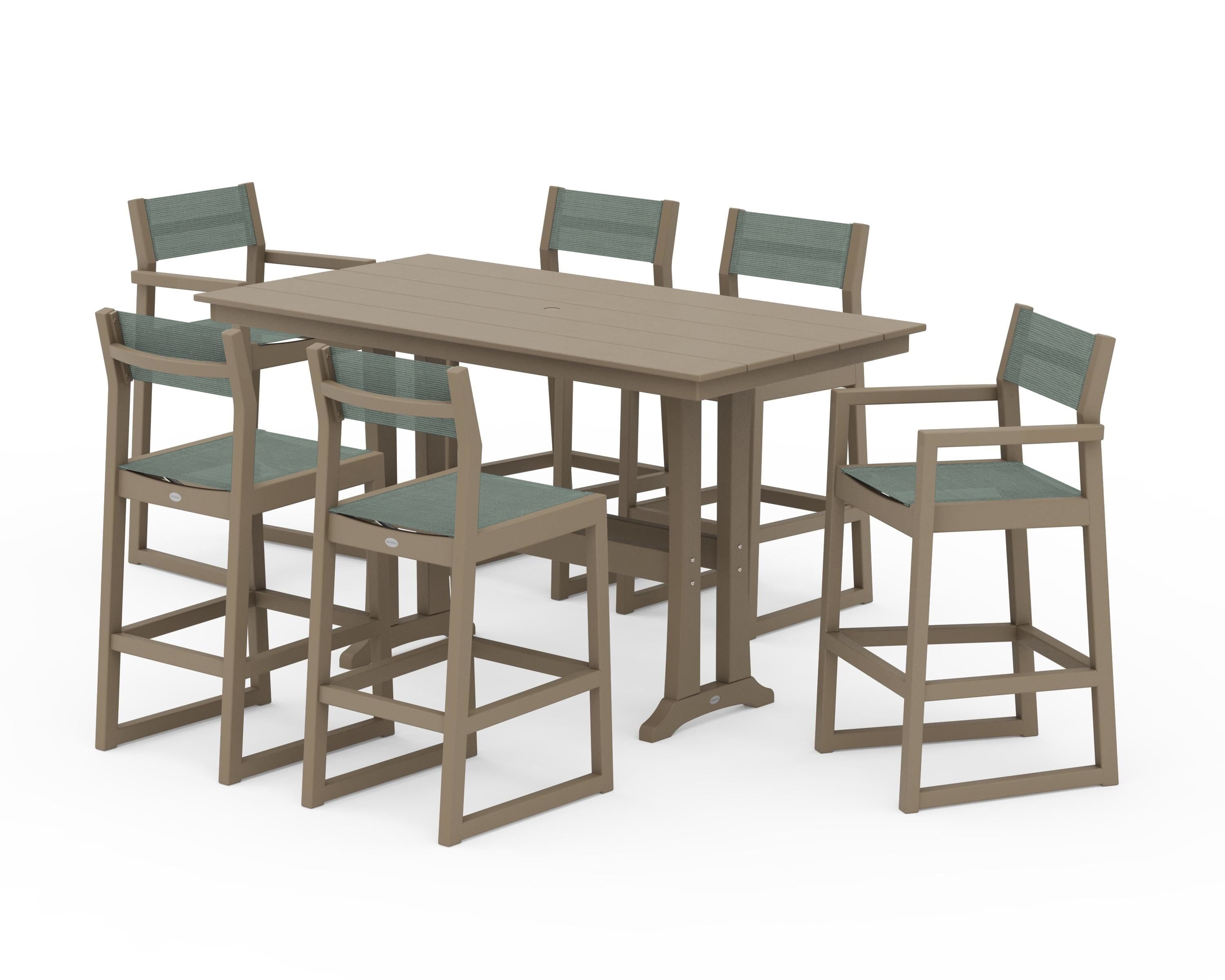 POLYWOOD EDGE Sling 7-Piece Farmhouse Bar Set with Trestle Legs in Vintage Sahara / Dupioni Sea Mist Sling