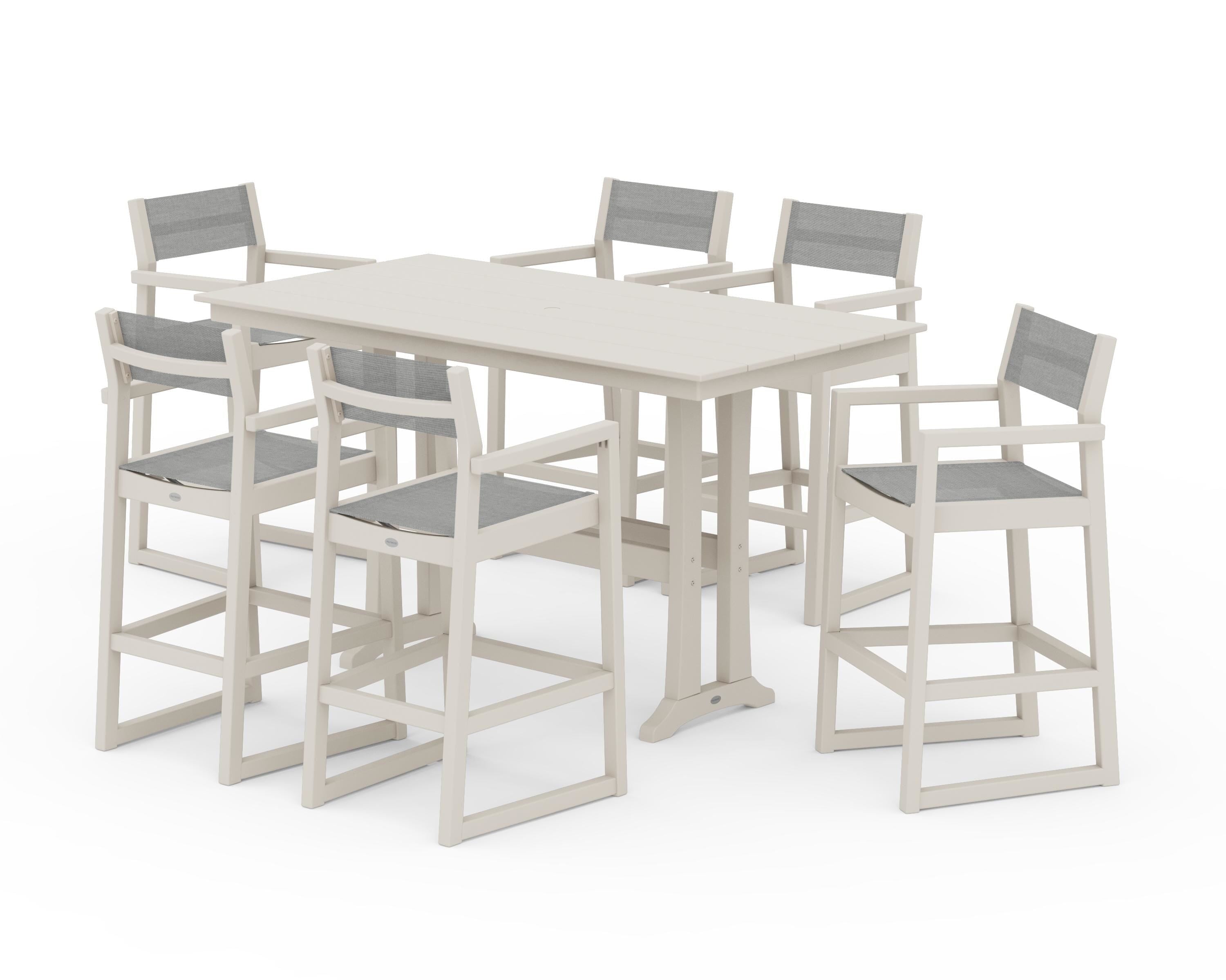 POLYWOOD EDGE Sling Arm Chair 7-Piece Farmhouse Bar Set with Trestle Legs in Sand / Metallic Sling