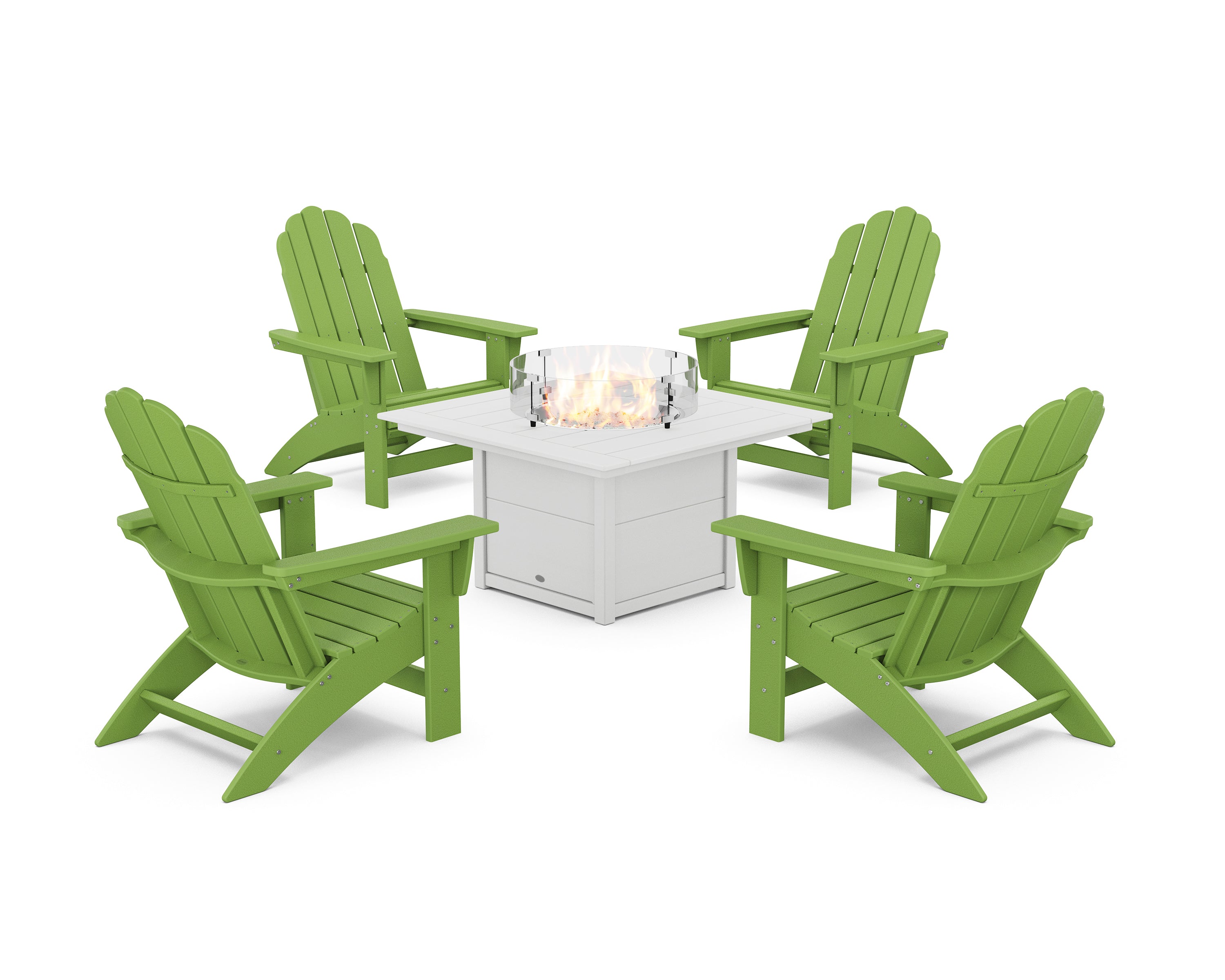 POLYWOOD 5-Piece Vineyard Grand Adirondack Conversation Set with Fire Pit Table in Lime / White