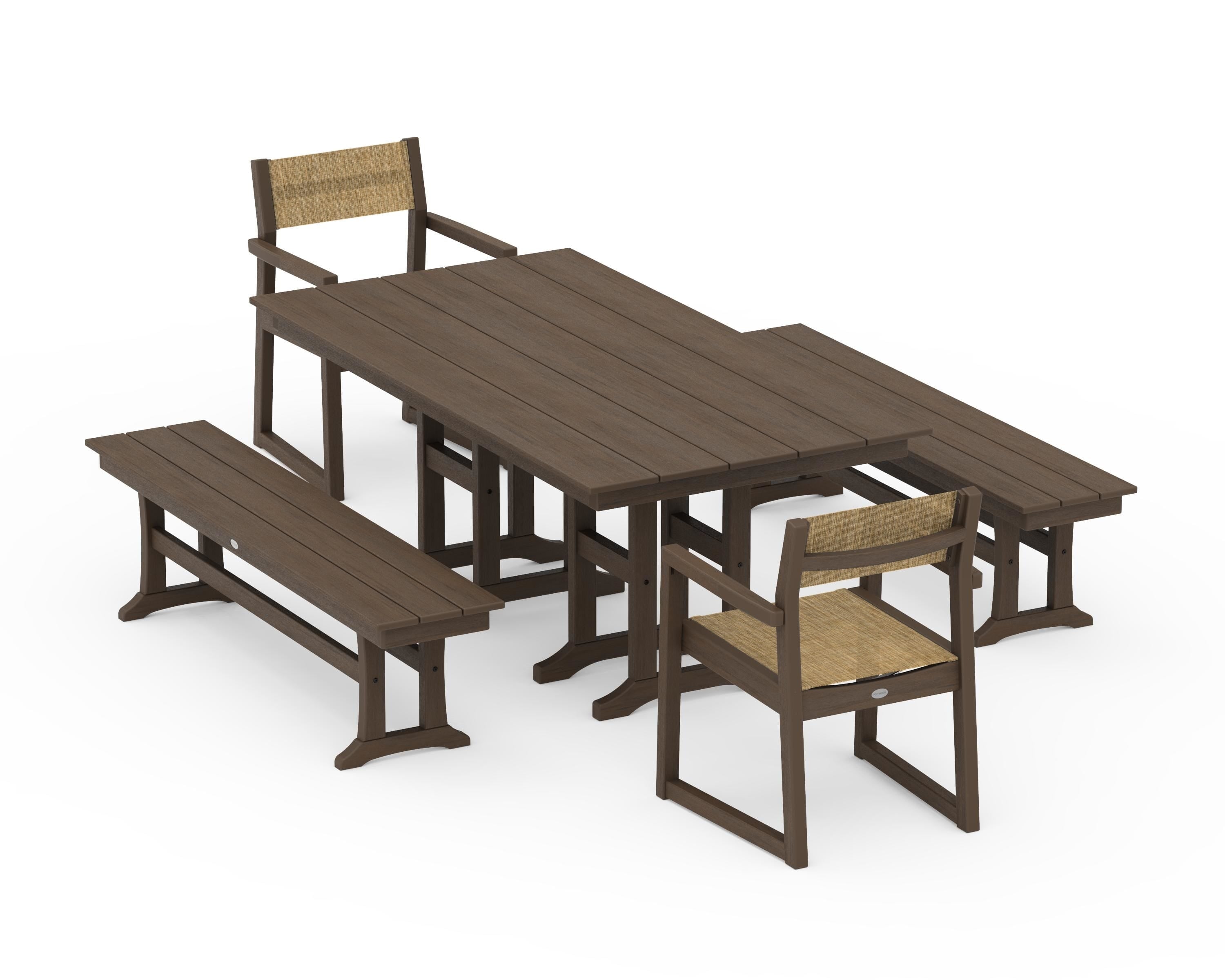 POLYWOOD EDGE Sling Arm Chair 5-Piece Farmhouse Dining Set with Benches in Kona / Burlap Sling