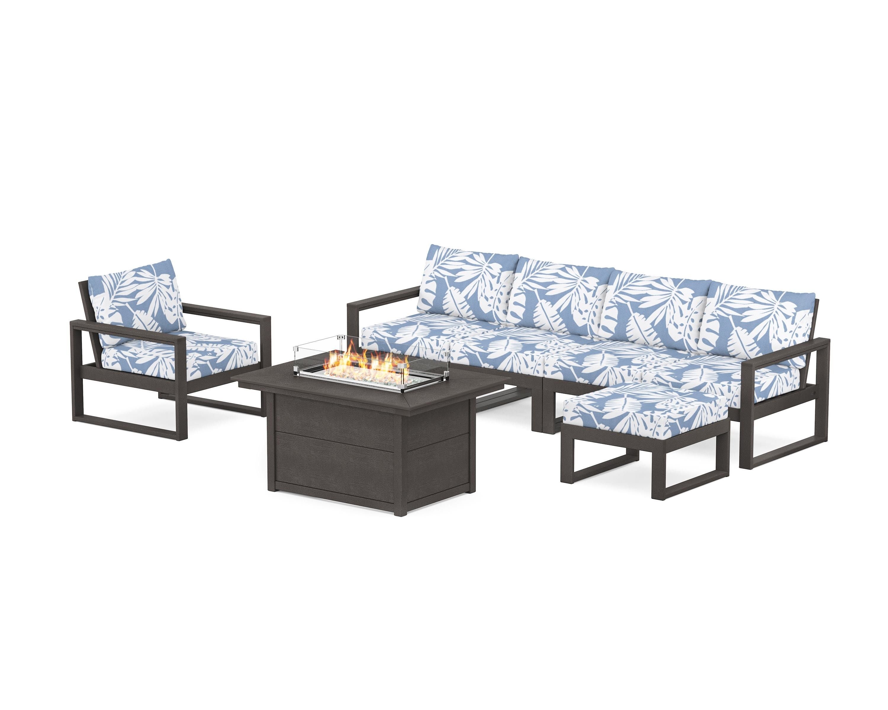 POLYWOOD EDGE Sectional Lounge and Fire Pit Set in Vintage Coffee / Leaf Sky Blue