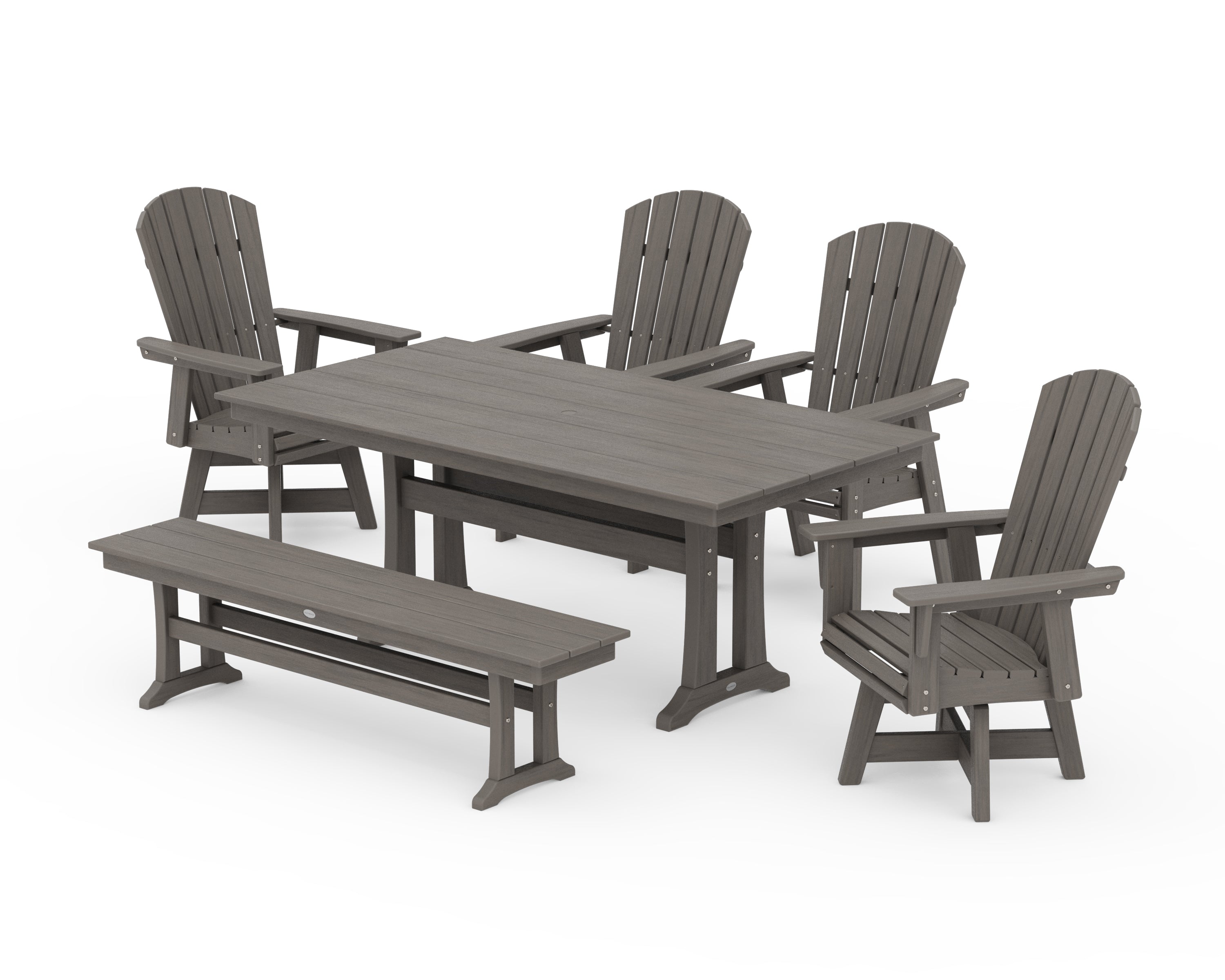 POLYWOOD Nautical Adirondack Swivel 6-Piece Farmhouse Dining Set With Trestle Legs in Driftwood