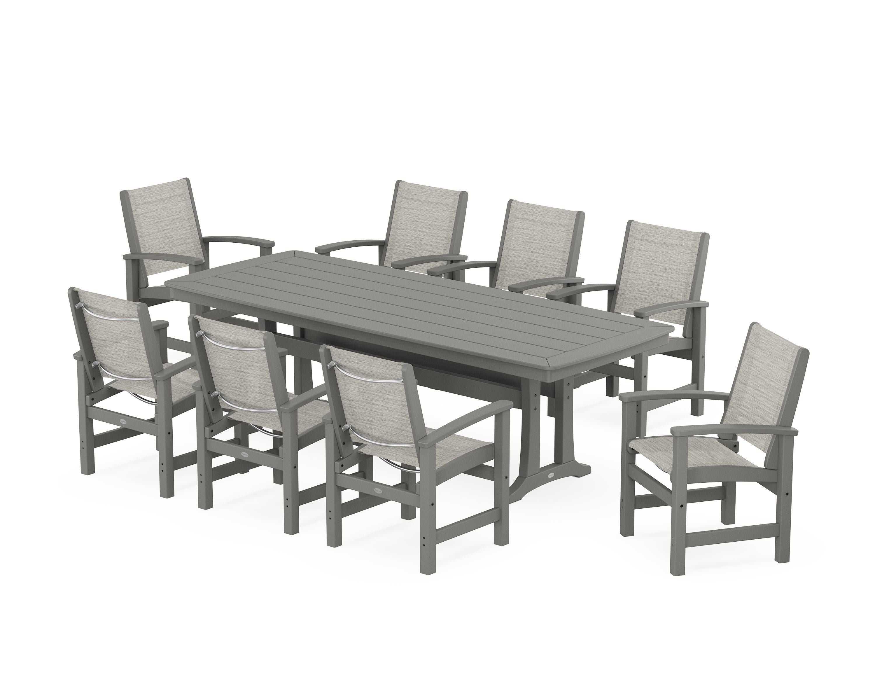POLYWOOD Coastal 9-Piece Dining Set with Trestle Legs in Slate Grey / Birch Sling