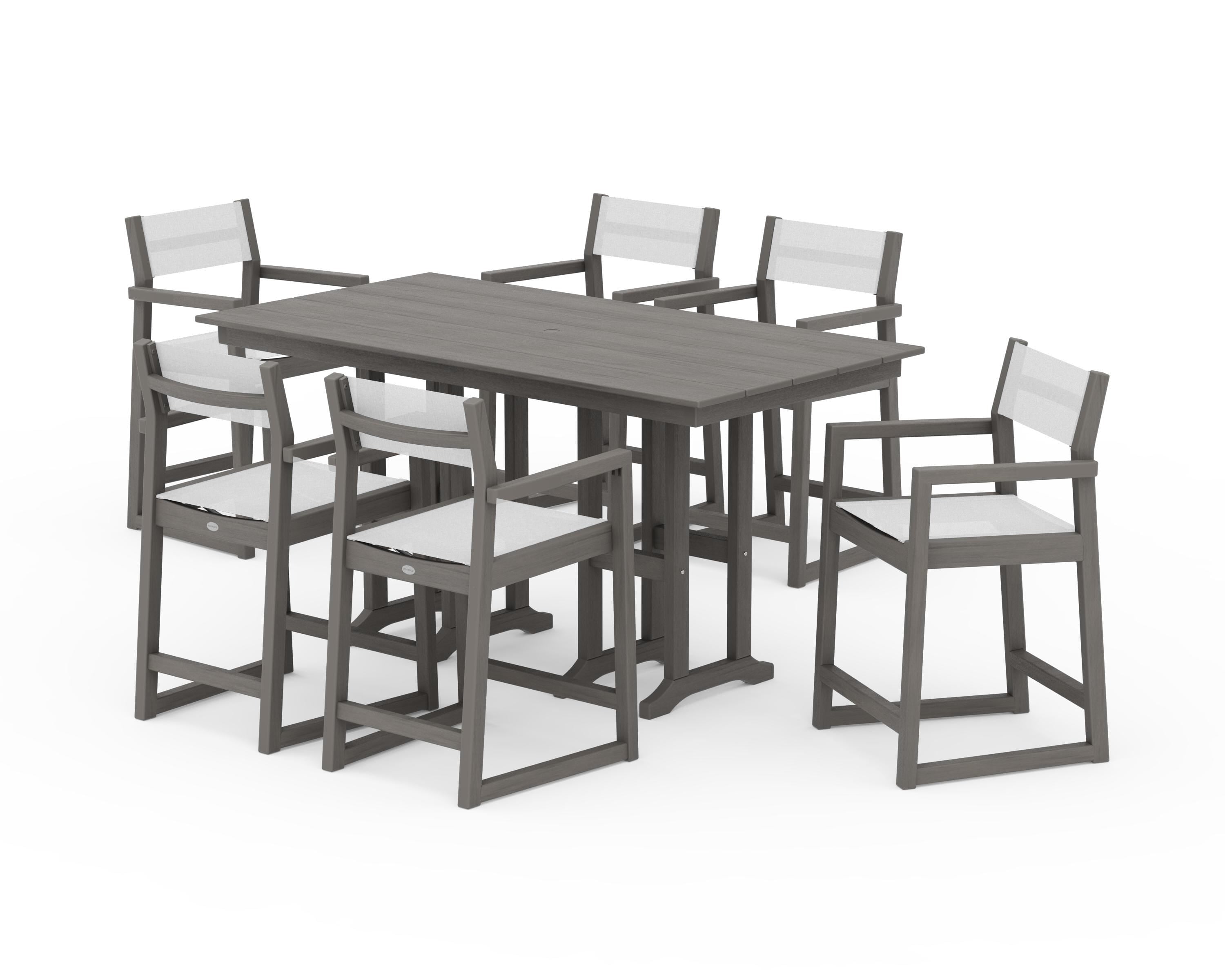 POLYWOOD EDGE Sling Arm Chair 7-Piece Farmhouse Counter Set in Driftwood / White Sling