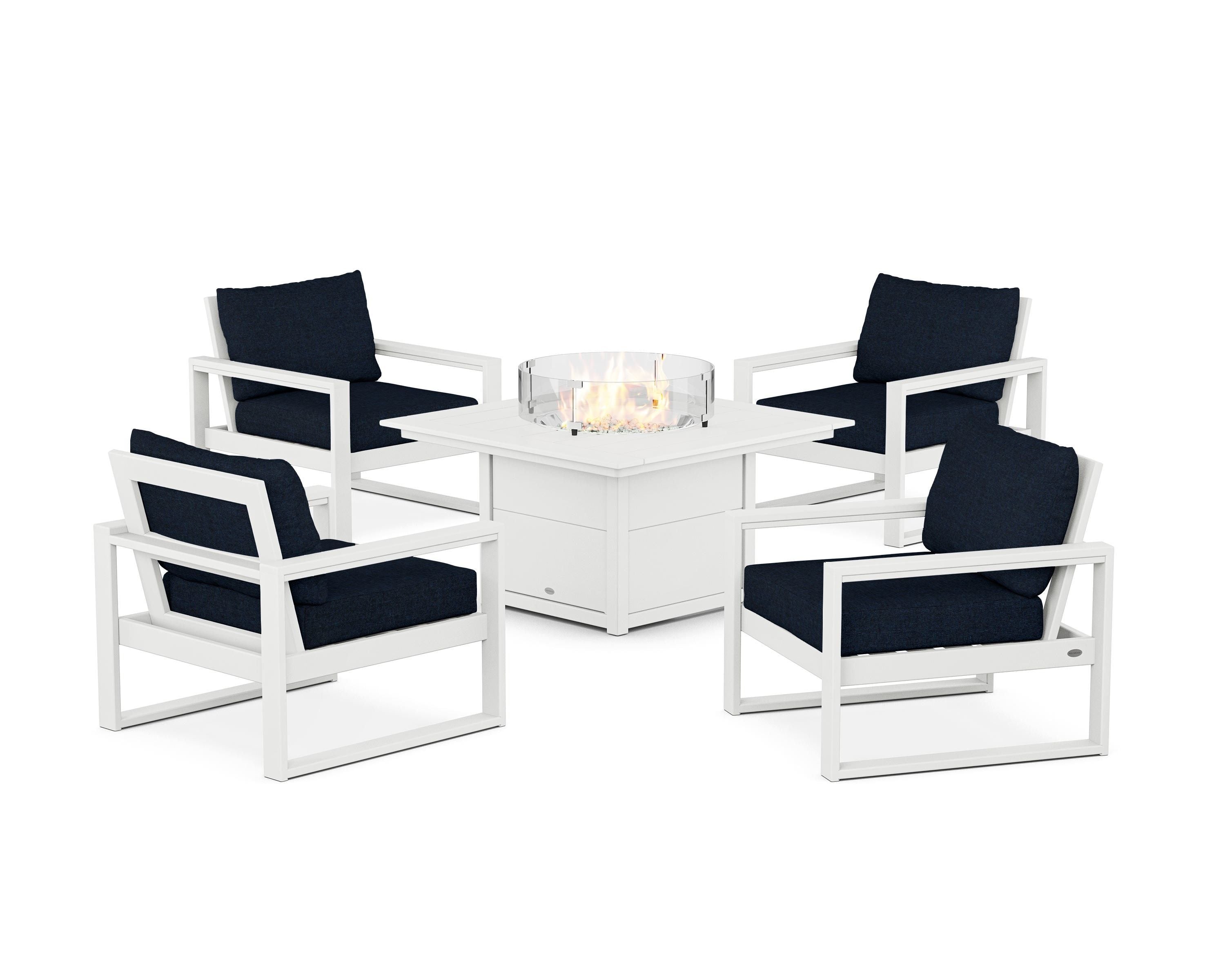 POLYWOOD EDGE Sectional 5-Piece Deep Seating Set with Fire Pit Table in White / Marine Indigo