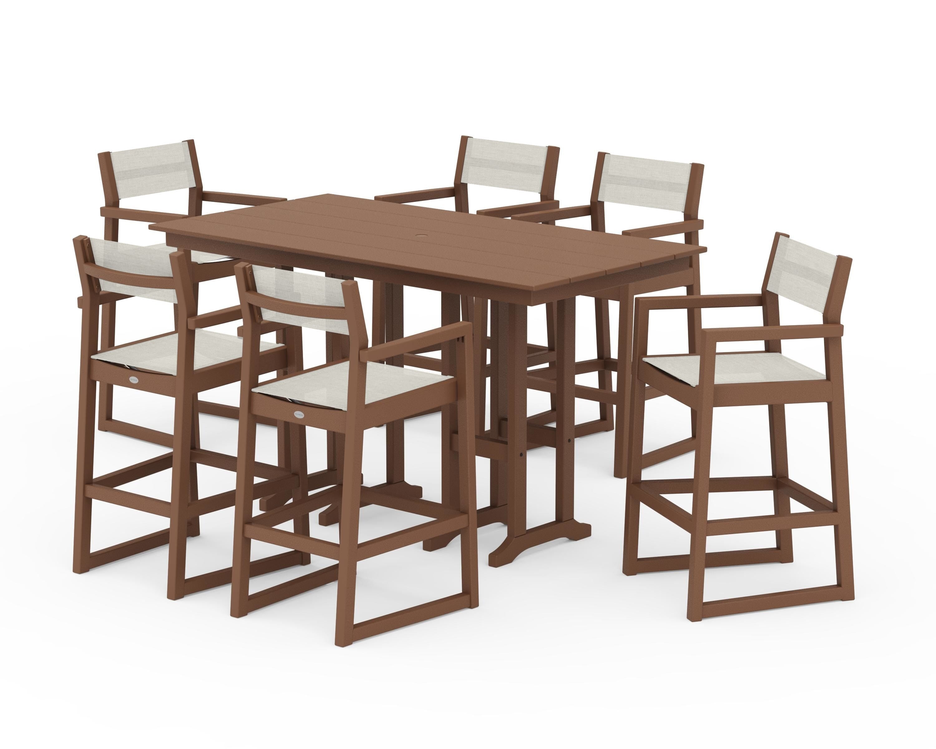 POLYWOOD EDGE Sling Arm Chair 7-Piece Farmhouse Bar Set in Teak / Parchment Sling