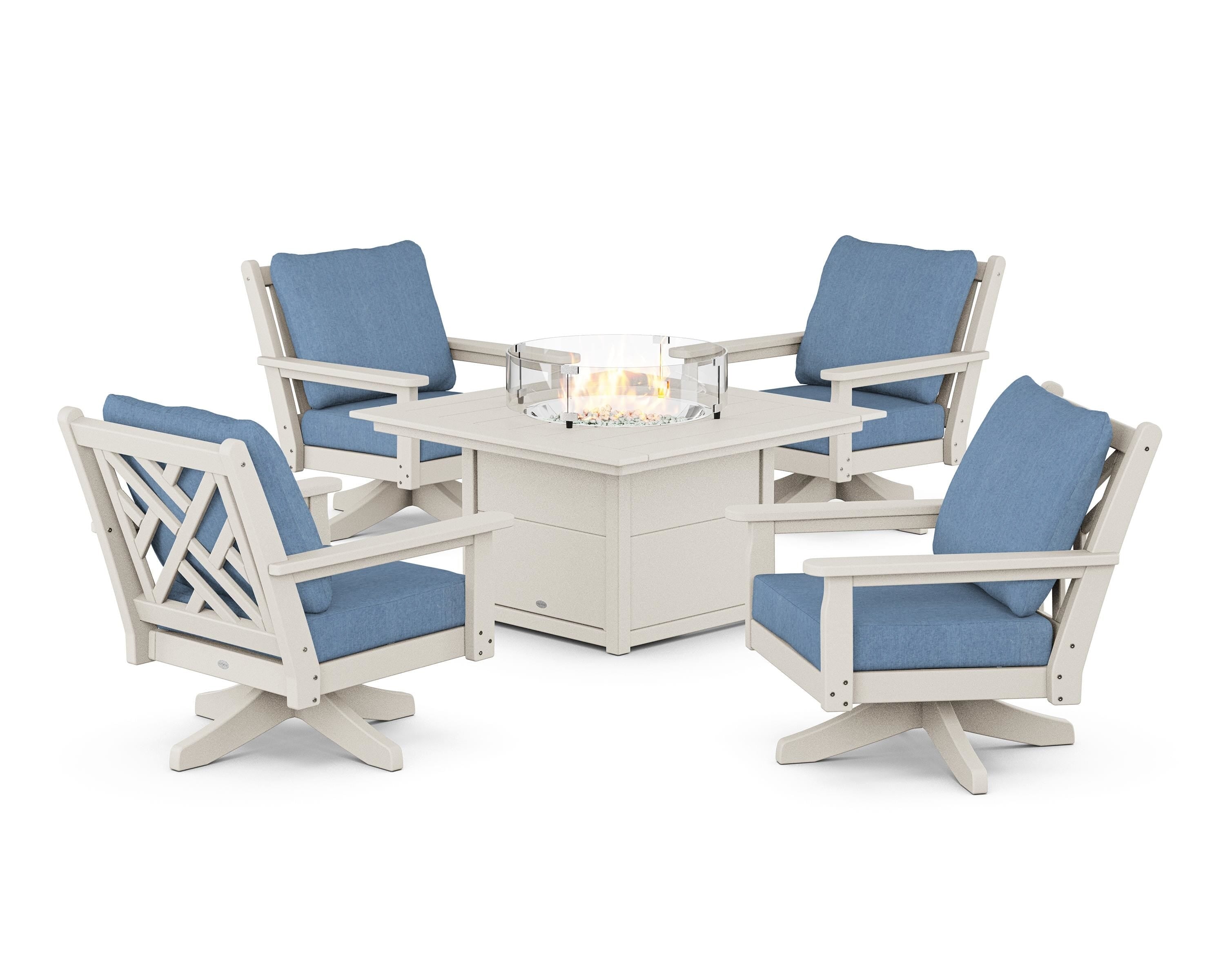 POLYWOOD Chippendale 5-Piece Deep Seating Swivel Conversation Set with Fire Pit Table in Sand / Sky Blue