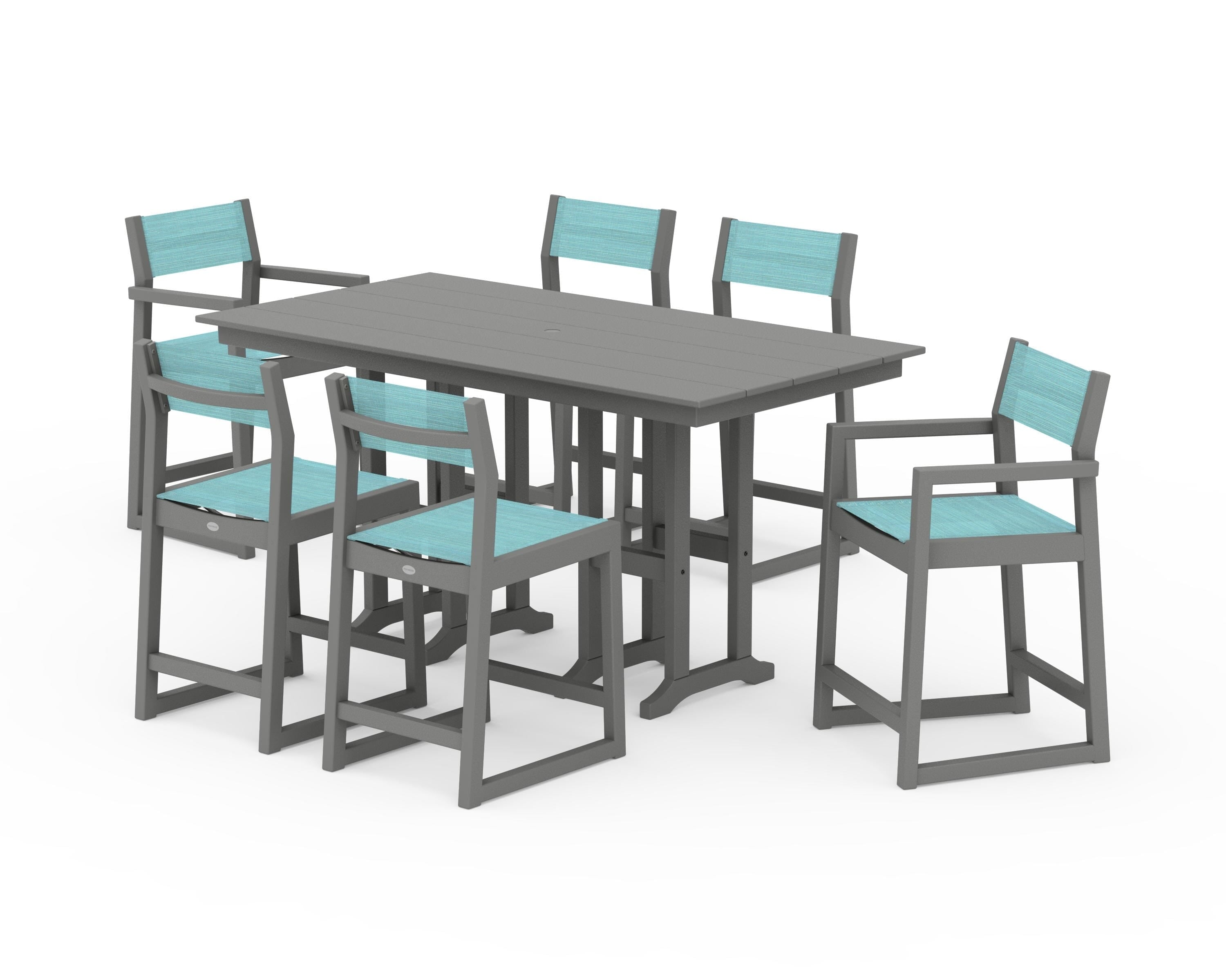 POLYWOOD EDGE Sling 7-Piece Farmhouse Counter Set in Slate Grey / Dupioni Aquamarine Sling