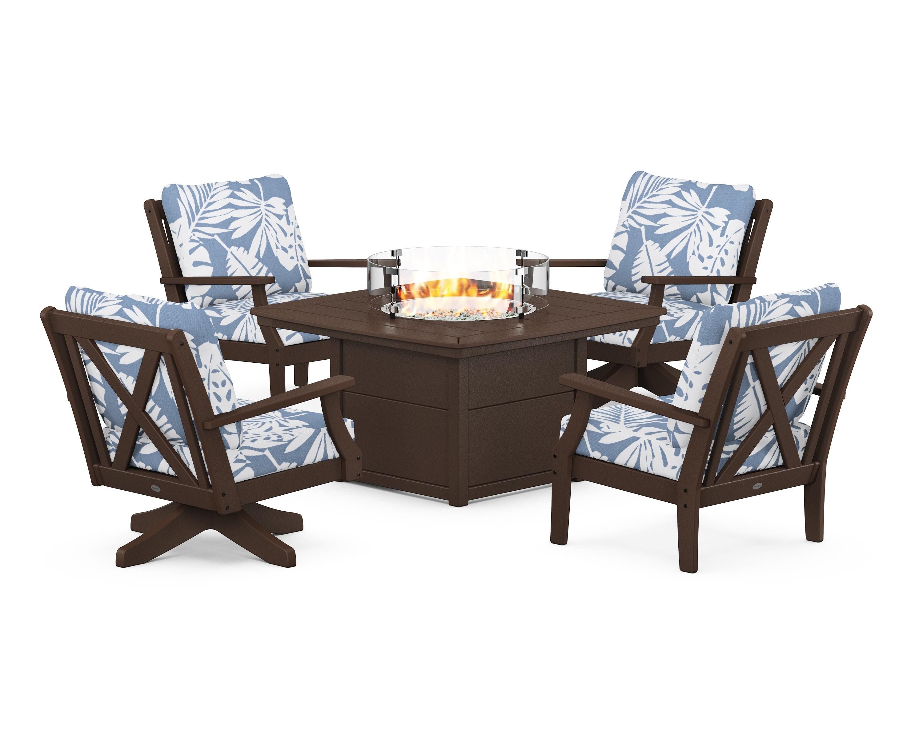 POLYWOOD Braxton 5-Piece Deep Seating Set with Fire Table in Mahogany / Leaf Sky Blue