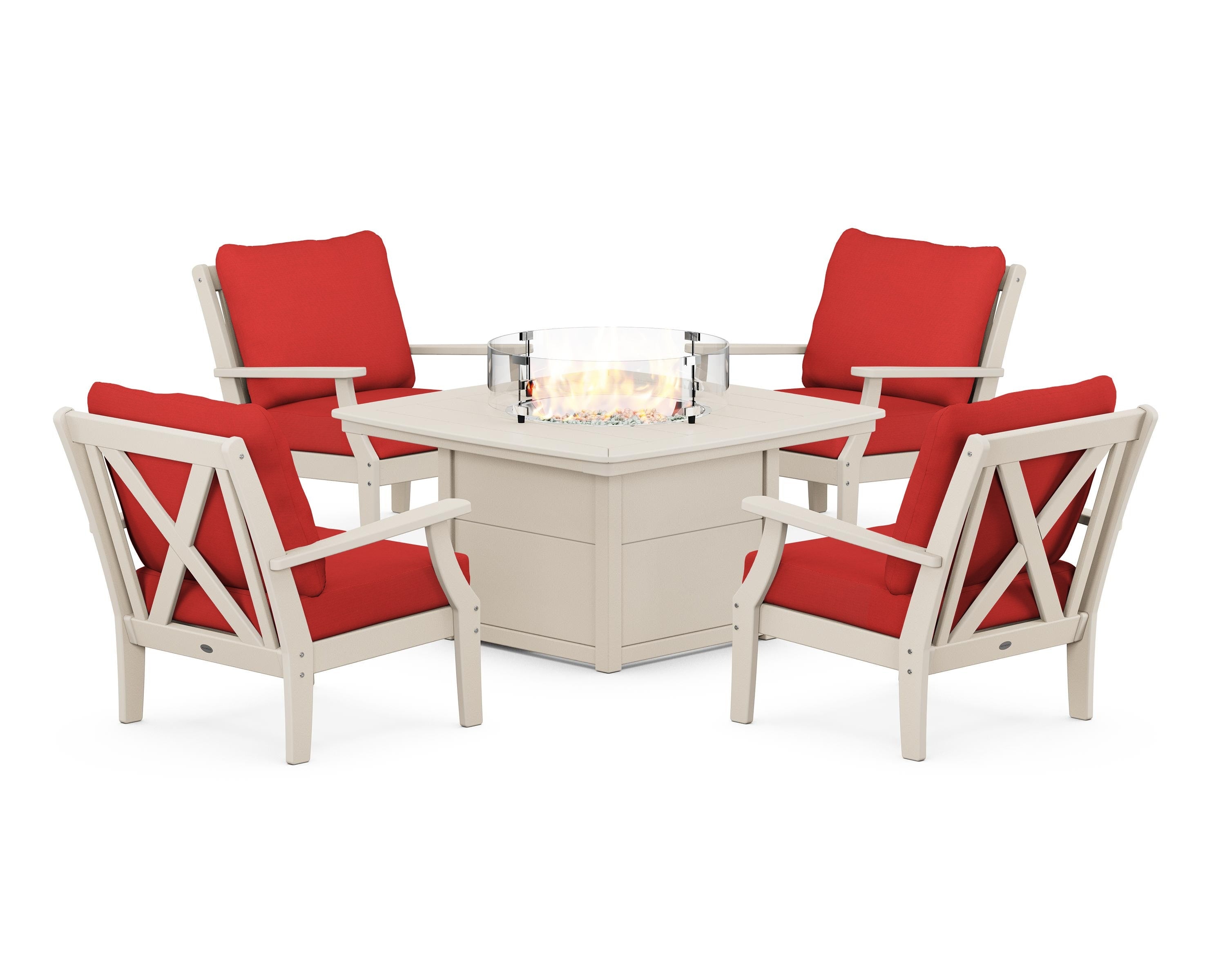 POLYWOOD Braxton 5-Piece Deep Seating Conversation Set with Fire Pit Table in Sand / Crimson Linen