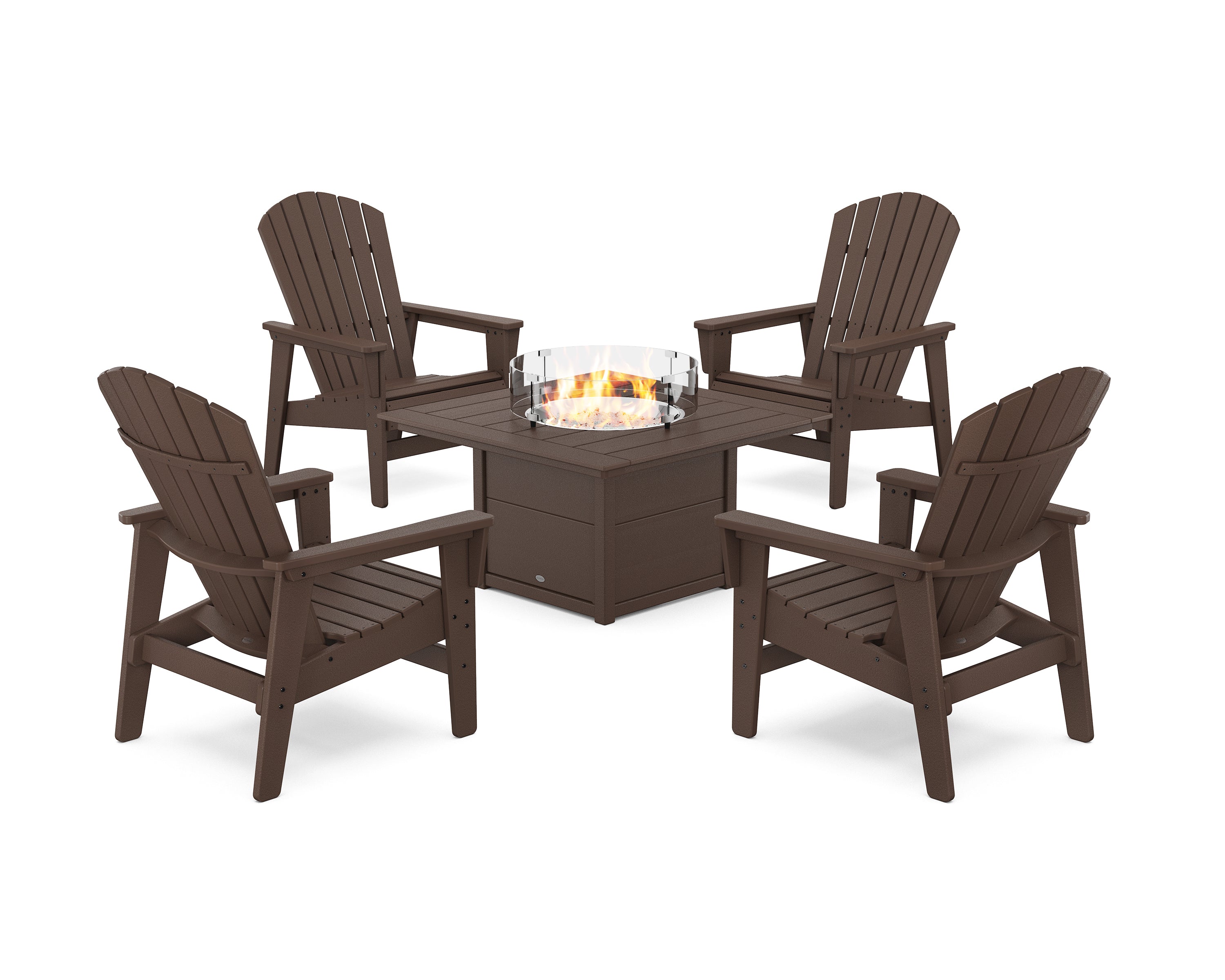 POLYWOOD 5-Piece Nautical Grand Upright Adirondack Conversation Set with Fire Pit Table in Mahogany