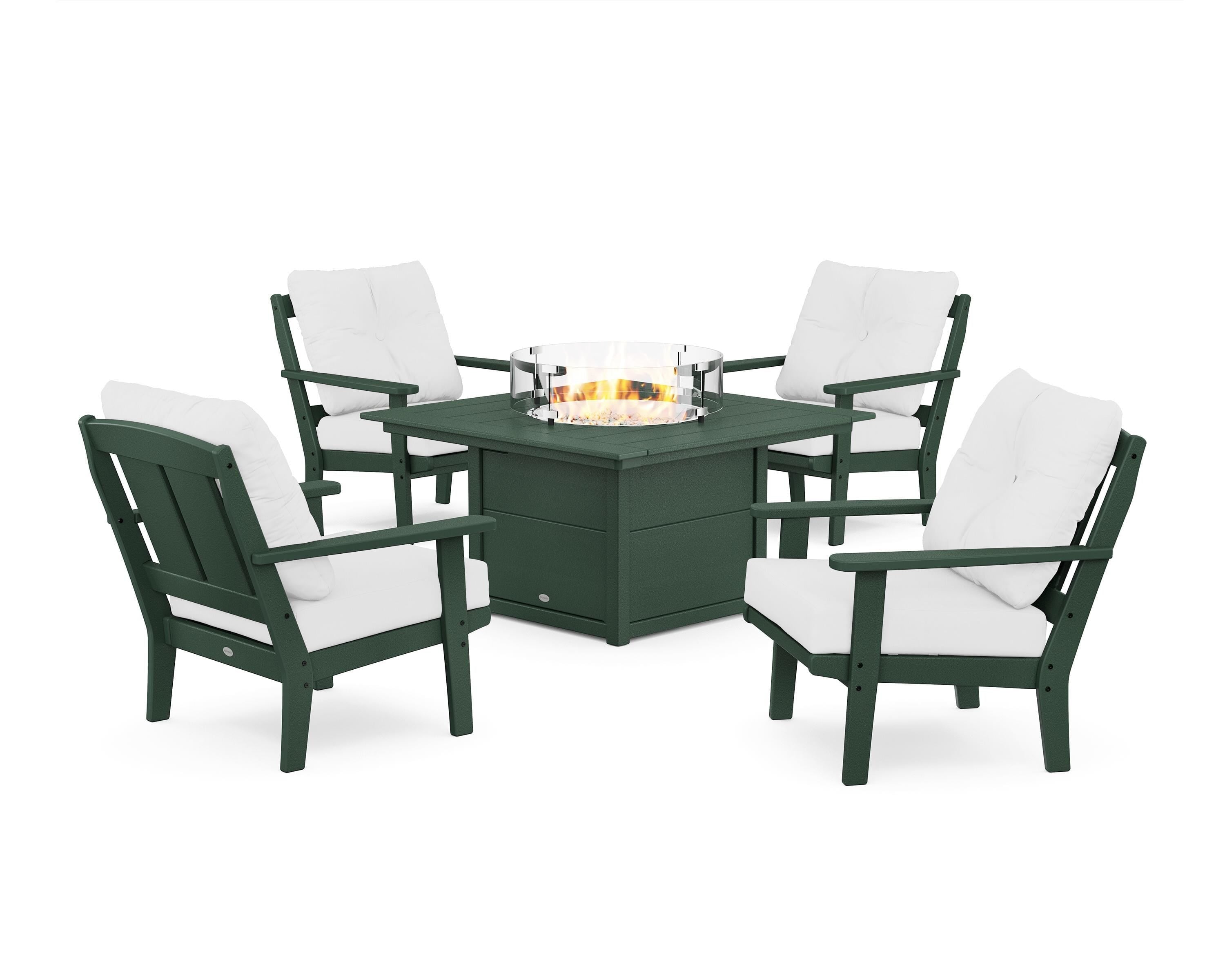 POLYWOOD Mission 5-Piece Deep Seating Set with Fire Pit Table in Green / Natural