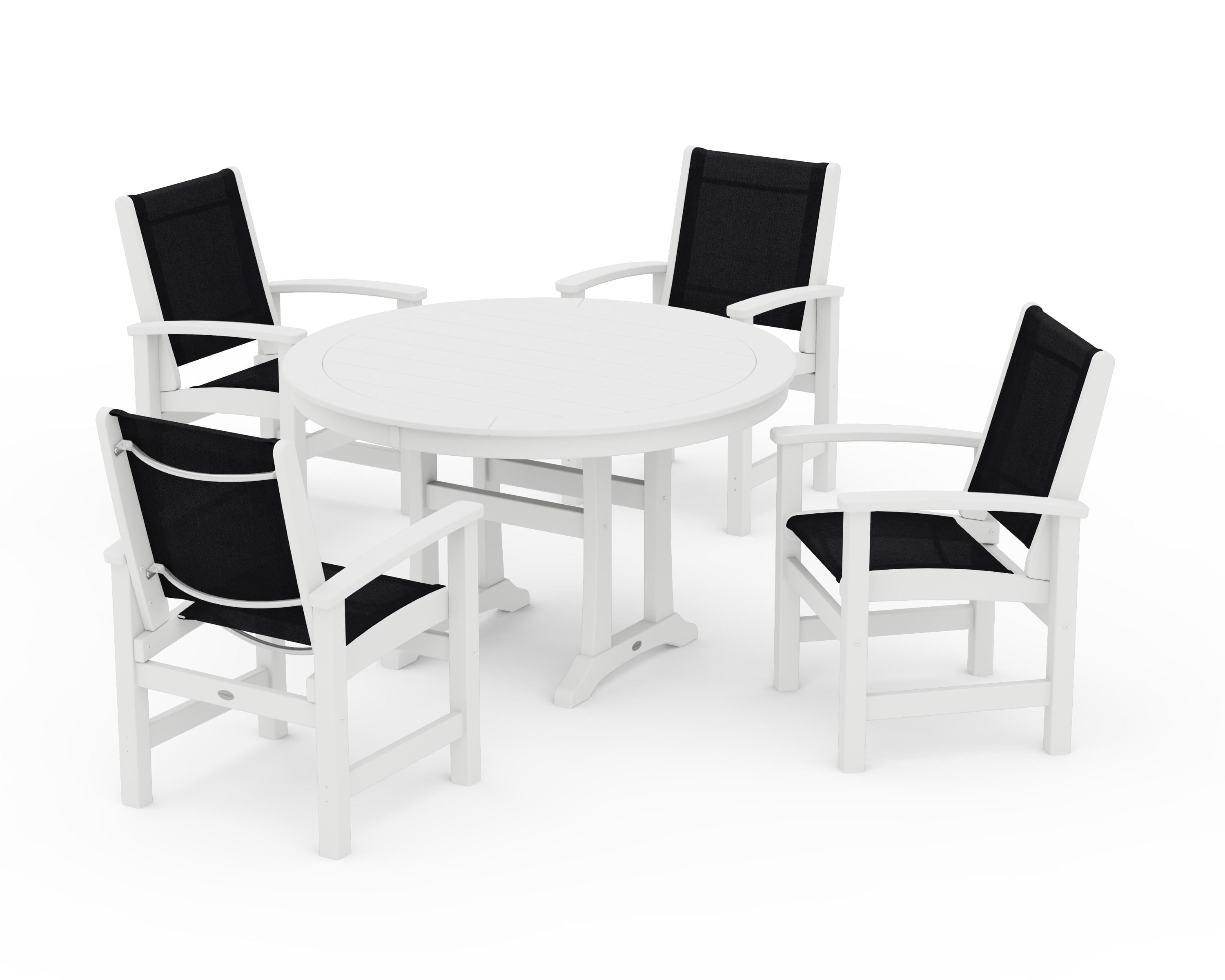POLYWOOD Coastal 5-Piece Round Dining Set with Trestle Legs in White / Black Sling