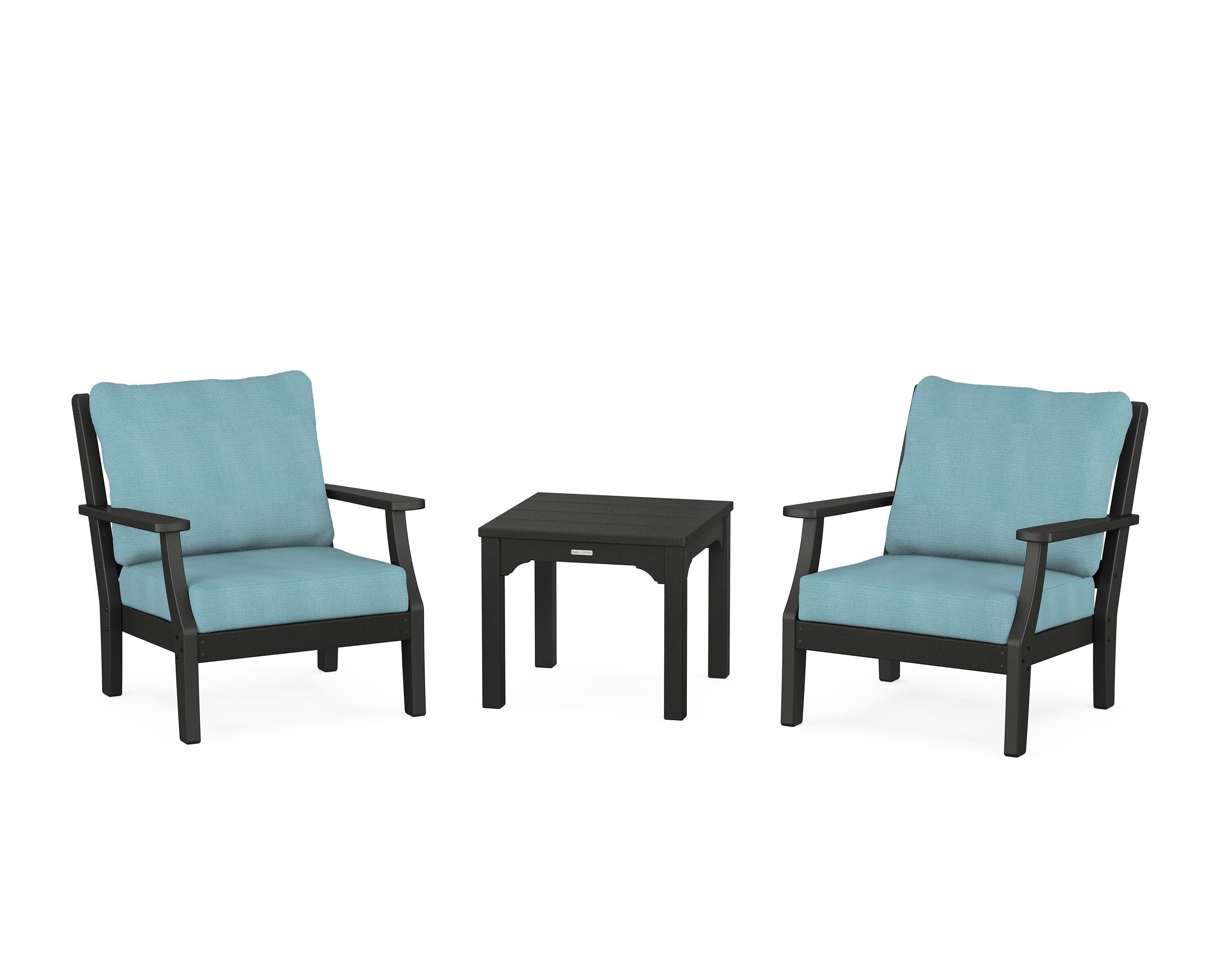 Martha Stewart by POLYWOOD Chinoiserie 3-Piece Deep Seating Set in Black / Lattice Sky Blue