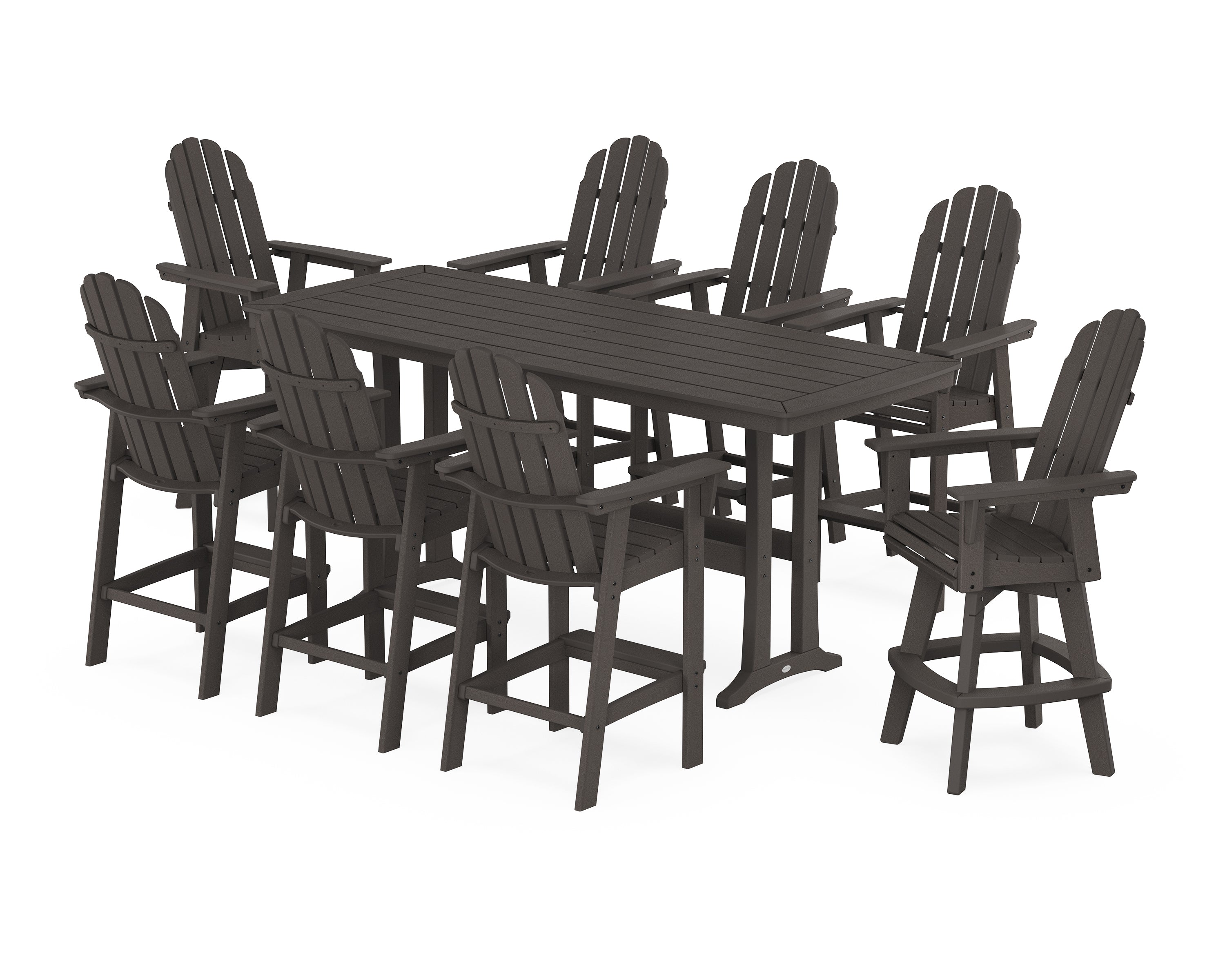 POLYWOOD® Vineyard Curveback Adirondack Swivel 9-Piece Bar Set with Trestle Legs in Vintage Coffee