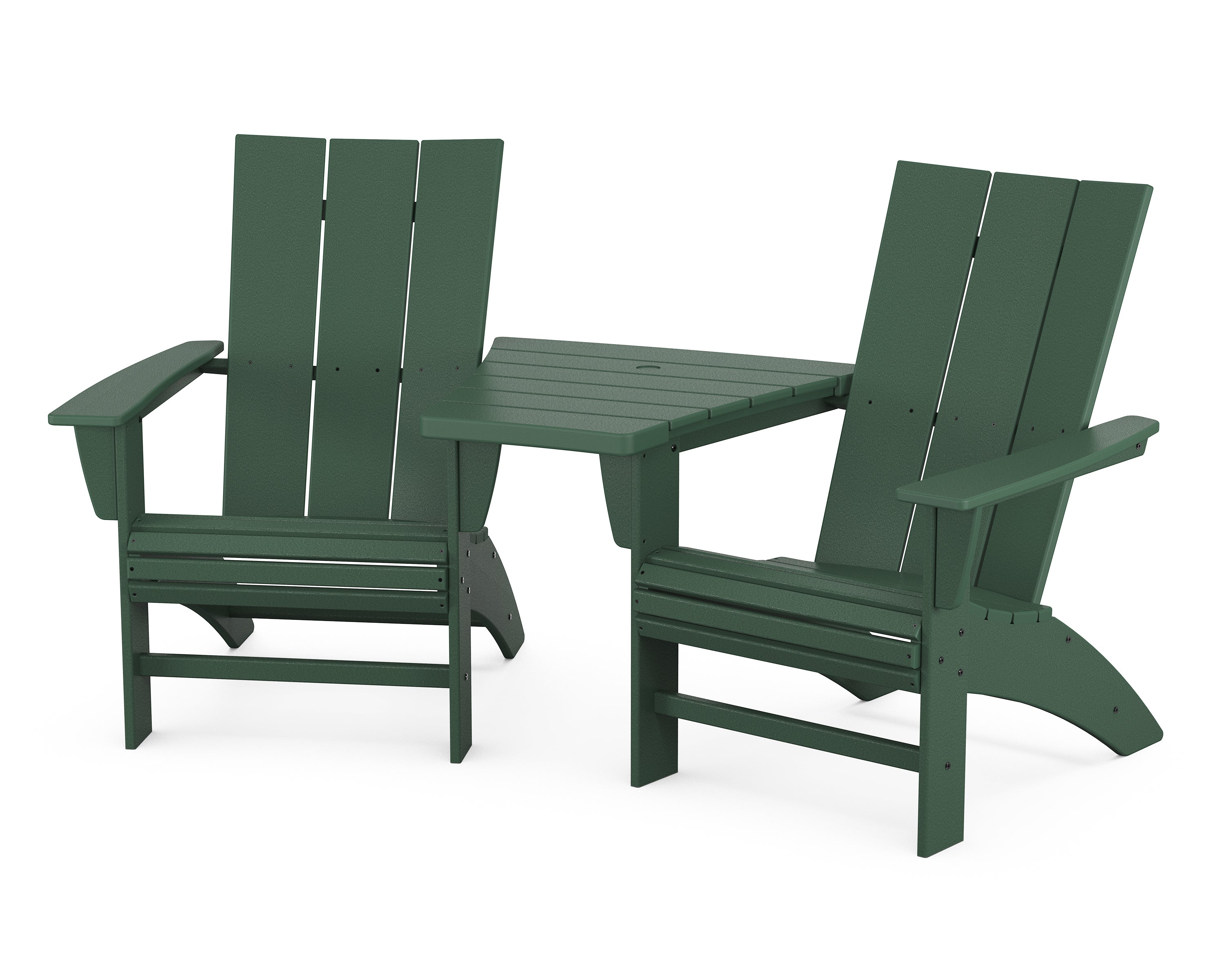 POLYWOOD® Modern 3-Piece Curveback Adirondack Set with Angled Connecting Table in Green