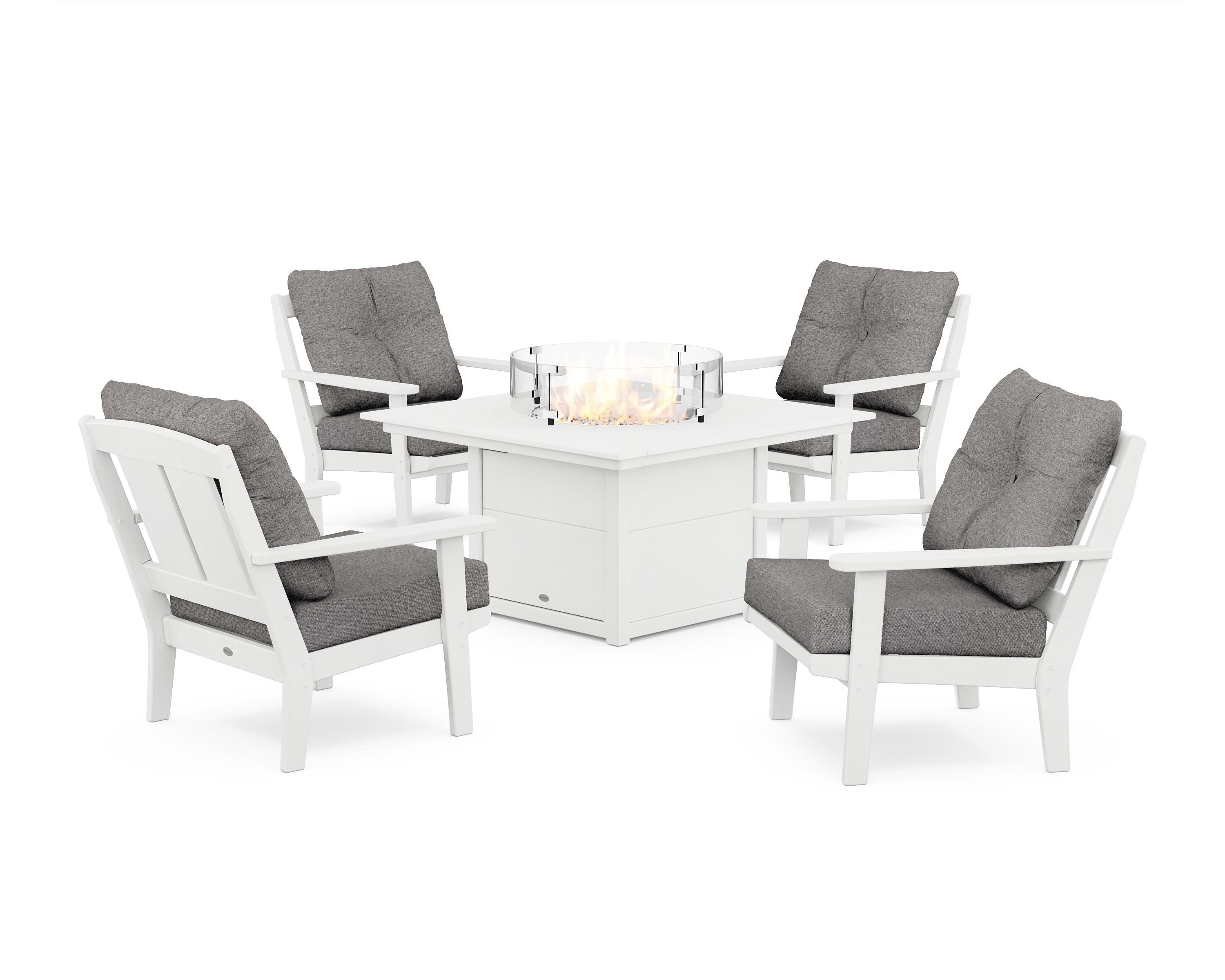 POLYWOOD Mission 5-Piece Deep Seating Set with Fire Pit Table in White / Grey Mist