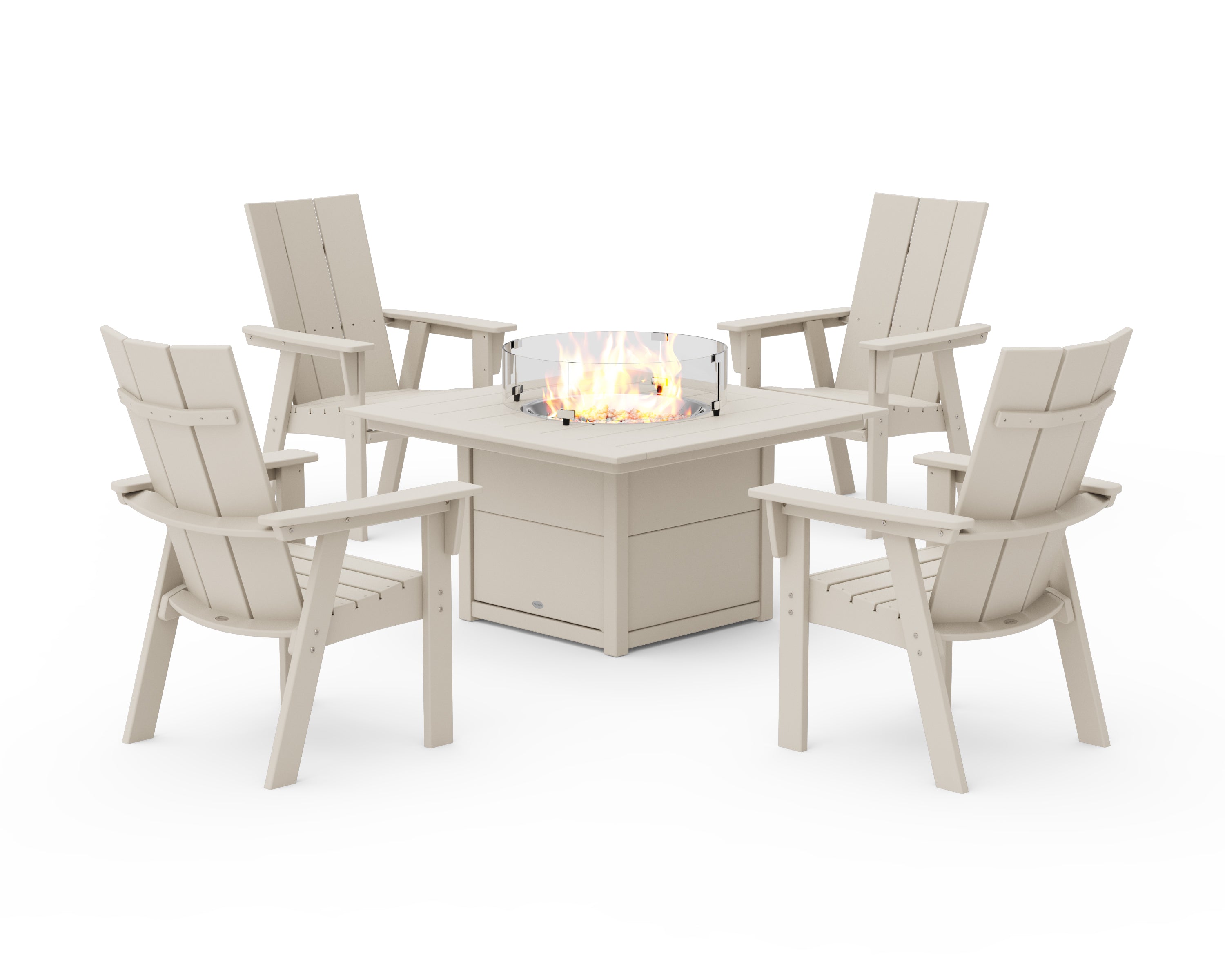 POLYWOOD Modern 4-Piece Curveback Upright Adirondack Conversation Set with Fire Pit Table in Sand