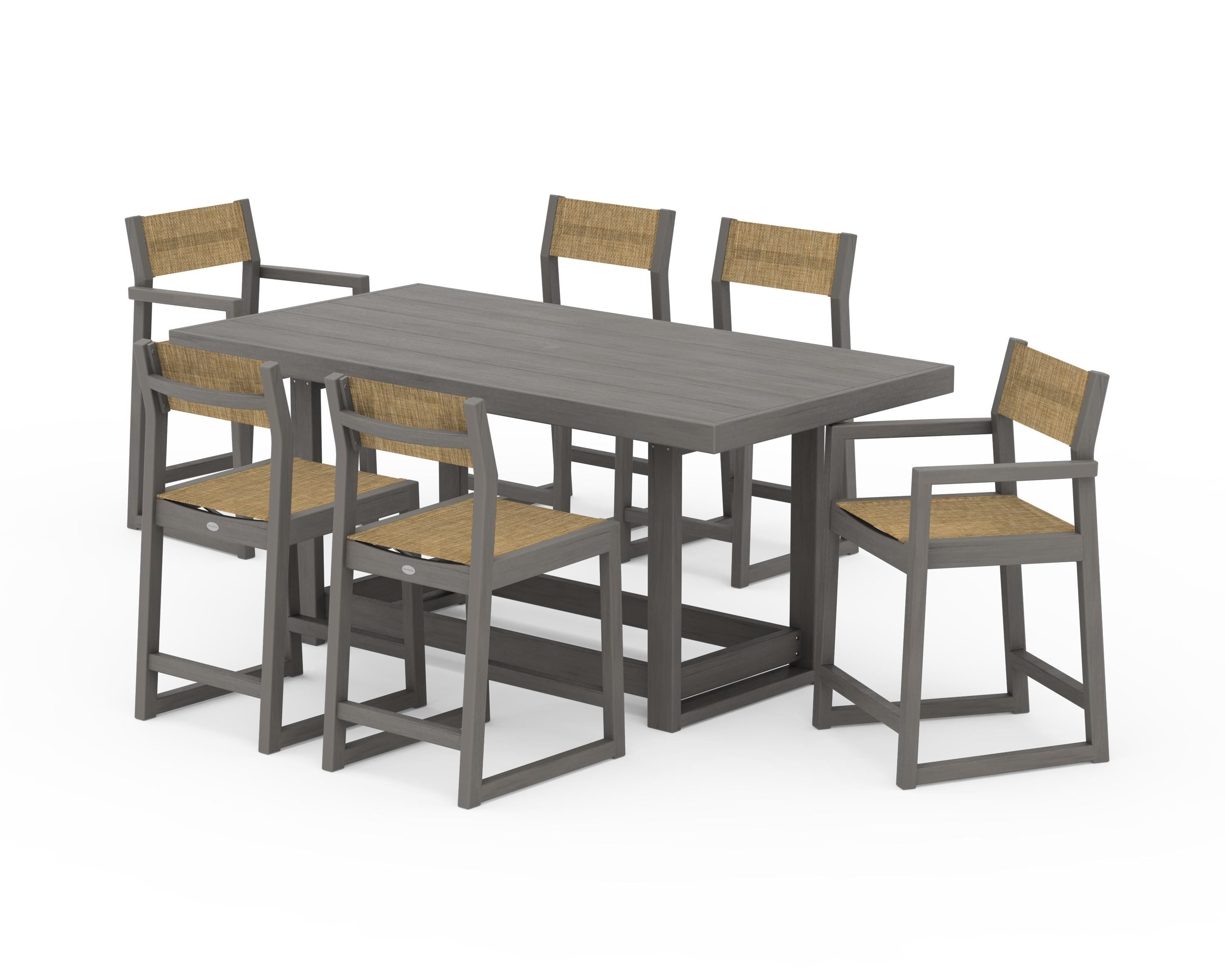POLYWOOD EDGE Sling 7-Piece Counter Table Set in Driftwood / Burlap Sling