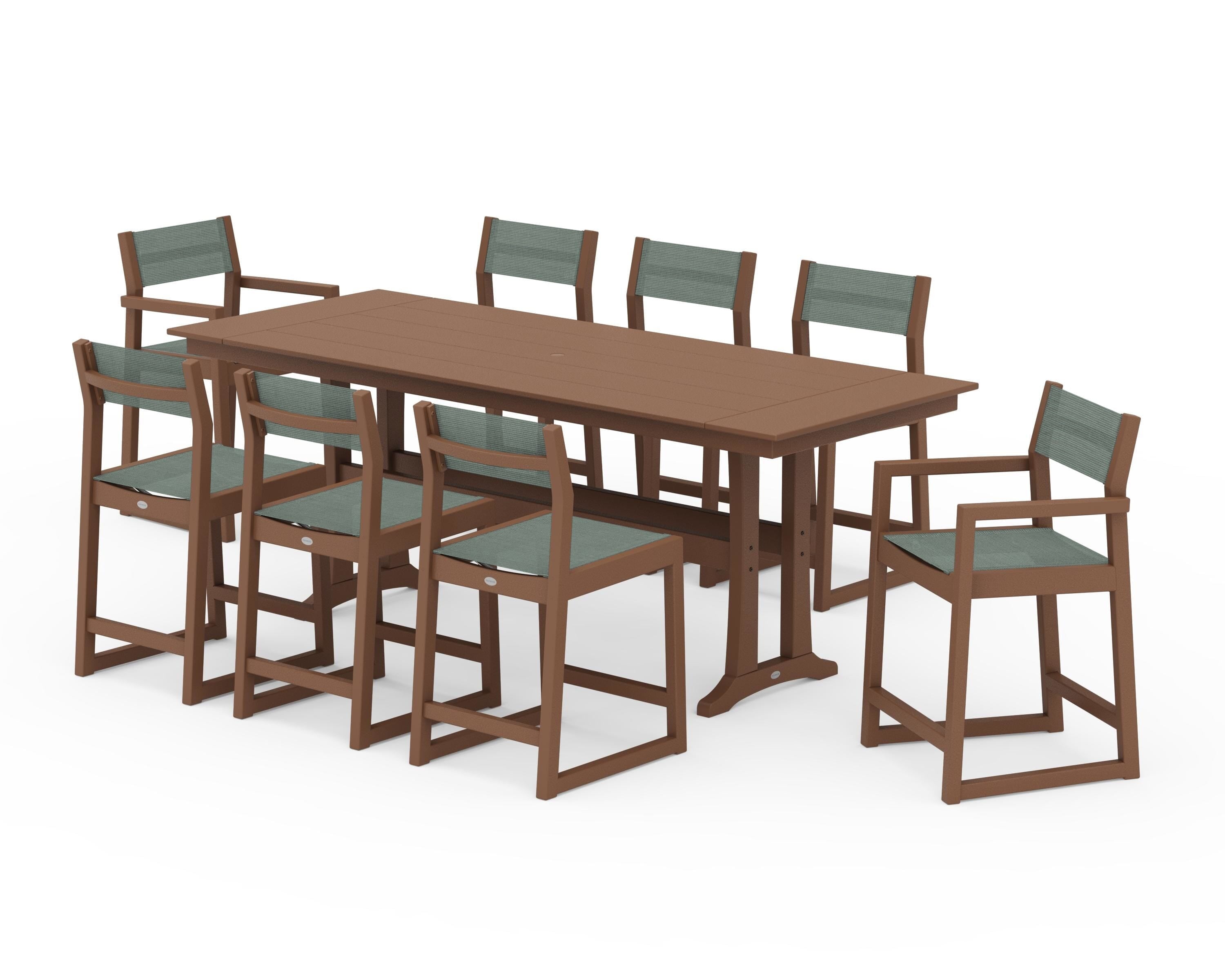 POLYWOOD EDGE Sling 9-Piece Farmhouse Counter Set with Trestle Legs in Teak / Dupioni Sea Mist Sling