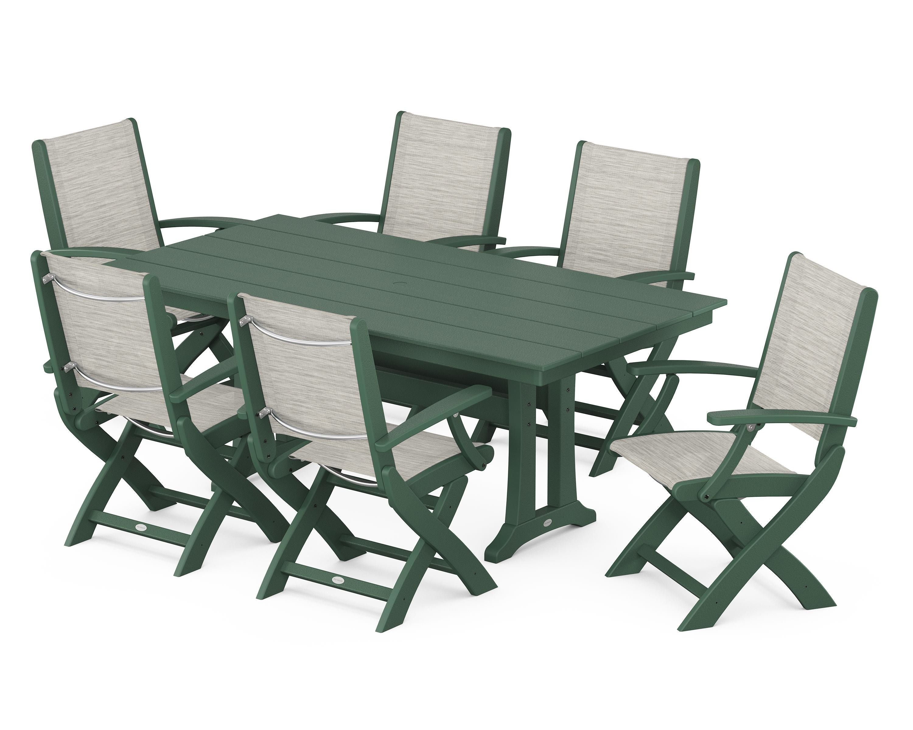 POLYWOOD Coastal Folding Arm Chair 7-Piece Farmhouse Dining Set with Trestle Legs in Green / Birch Sling