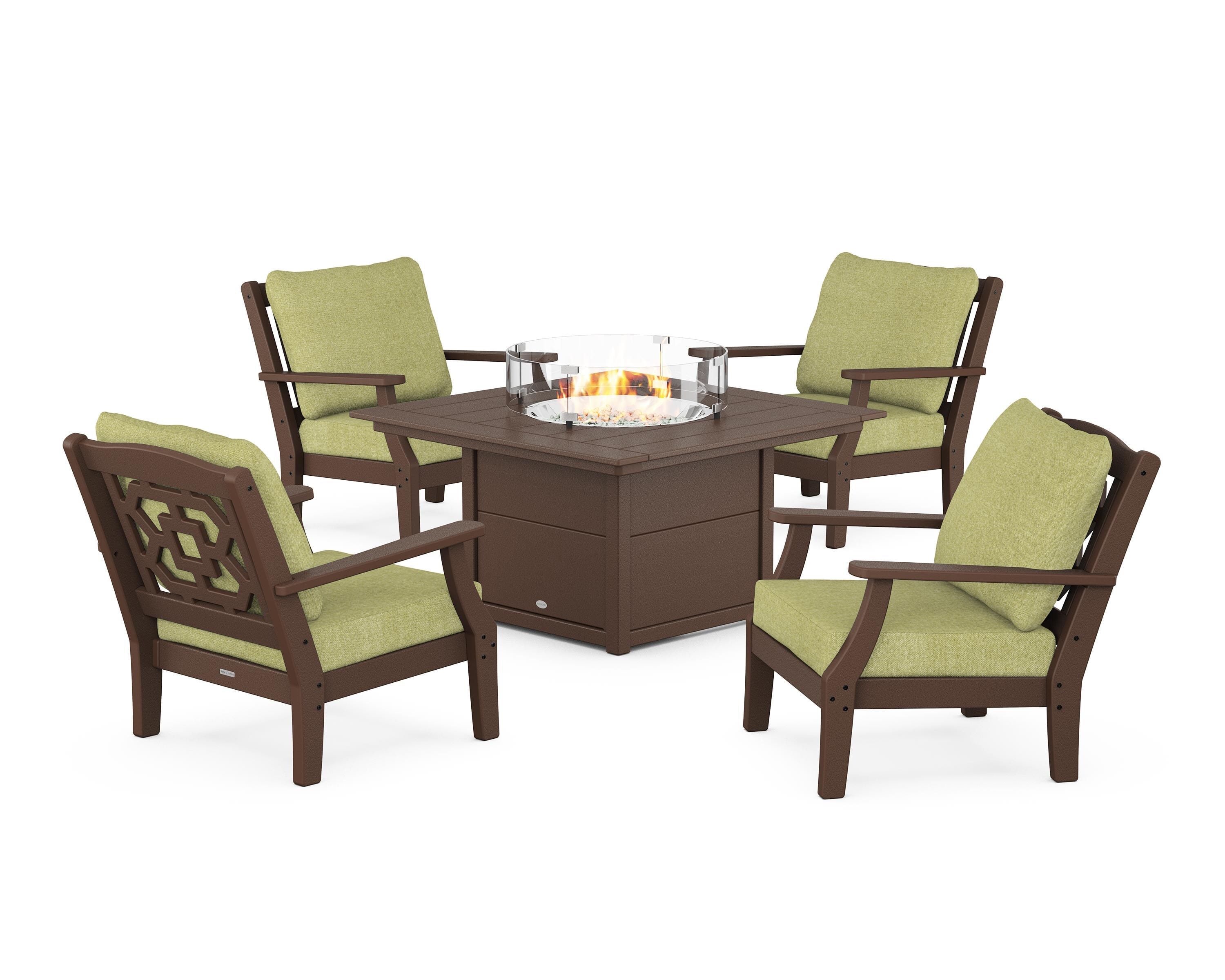 Martha Stewart by POLYWOOD Chinoiserie 5-Piece Deep Seating Set with Fire Pit Table in Mahogany / Chartreuse Boucle