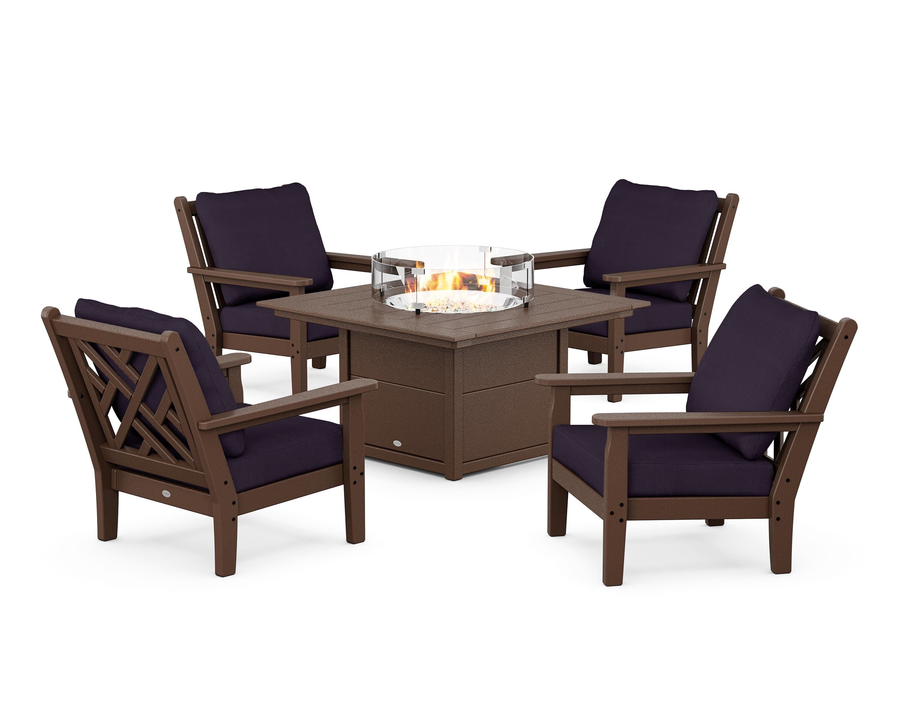 POLYWOOD Chippendale 5-Piece Deep Seating Set with Fire Pit Table in Mahogany / Navy Linen